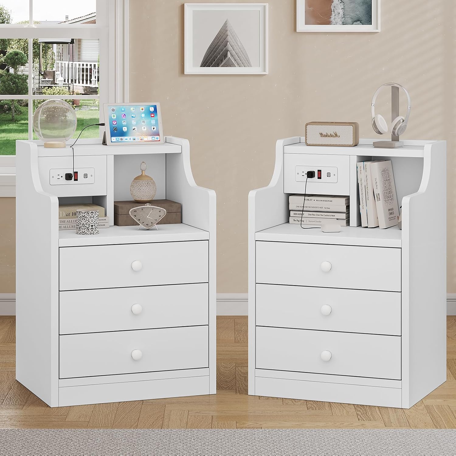 This multi‑drawer bedside cabinet with built‑in USB and mains charging ports is sturdily built, space‑saving and versatile for bedrooms and living‑room spaces.