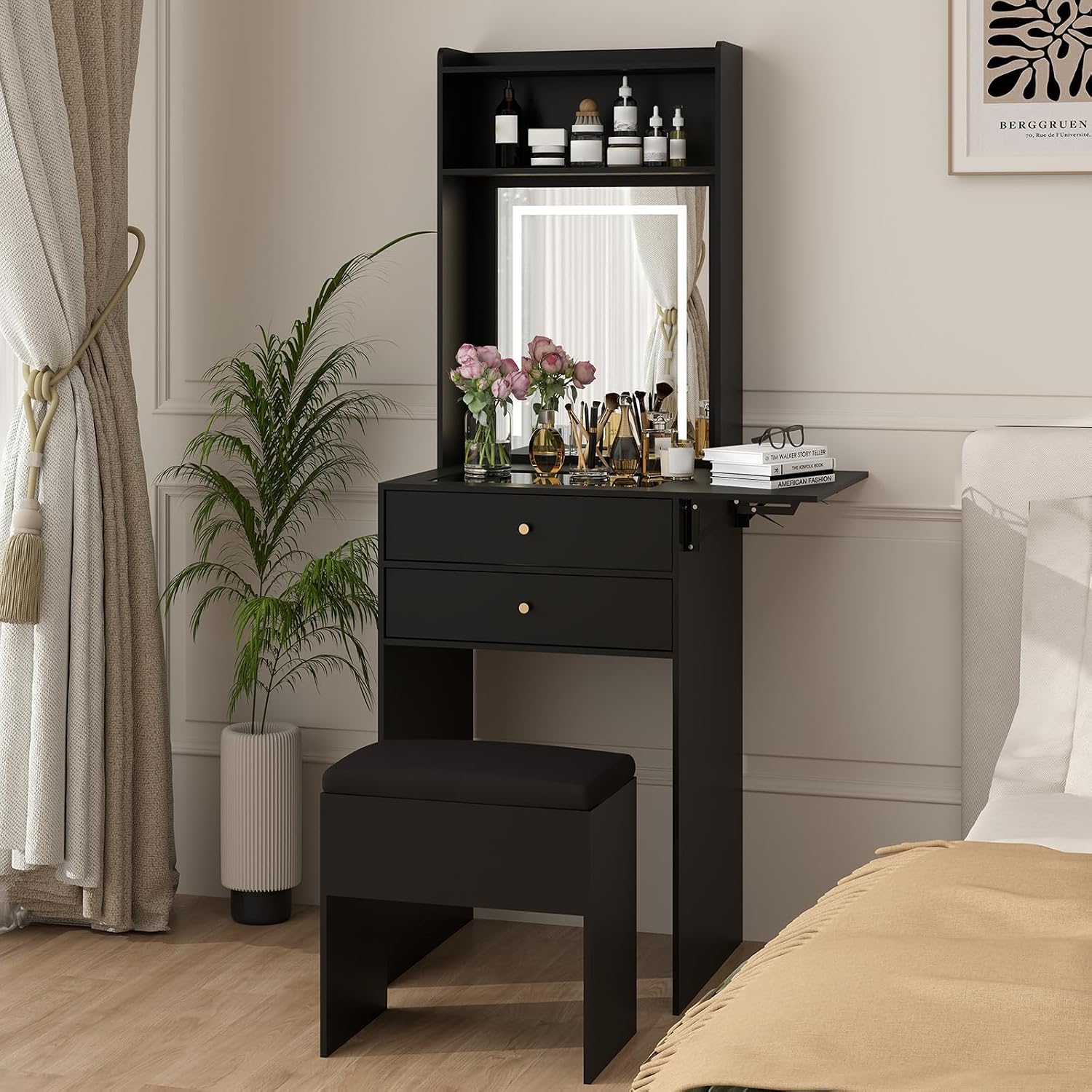 Compact space‑saving dressing‑table set with drop‑leaf top, storage drawers, stowable storage stool and dimmable three‑tone LED mirror for small bedrooms and apartments.