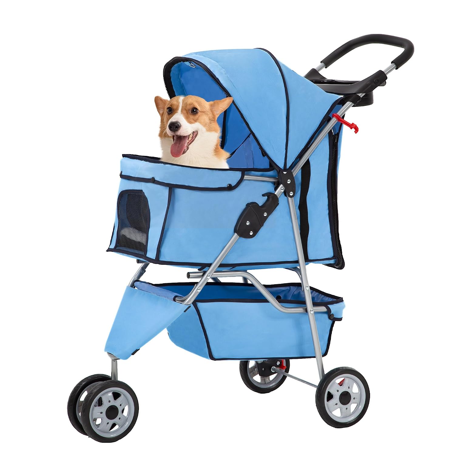 Lightweight foldable pet stroller with waterproof Oxford fabric, breathable mesh, safety brakes and storage space, ideal for walking, jogging and travelling with small dogs and cats.