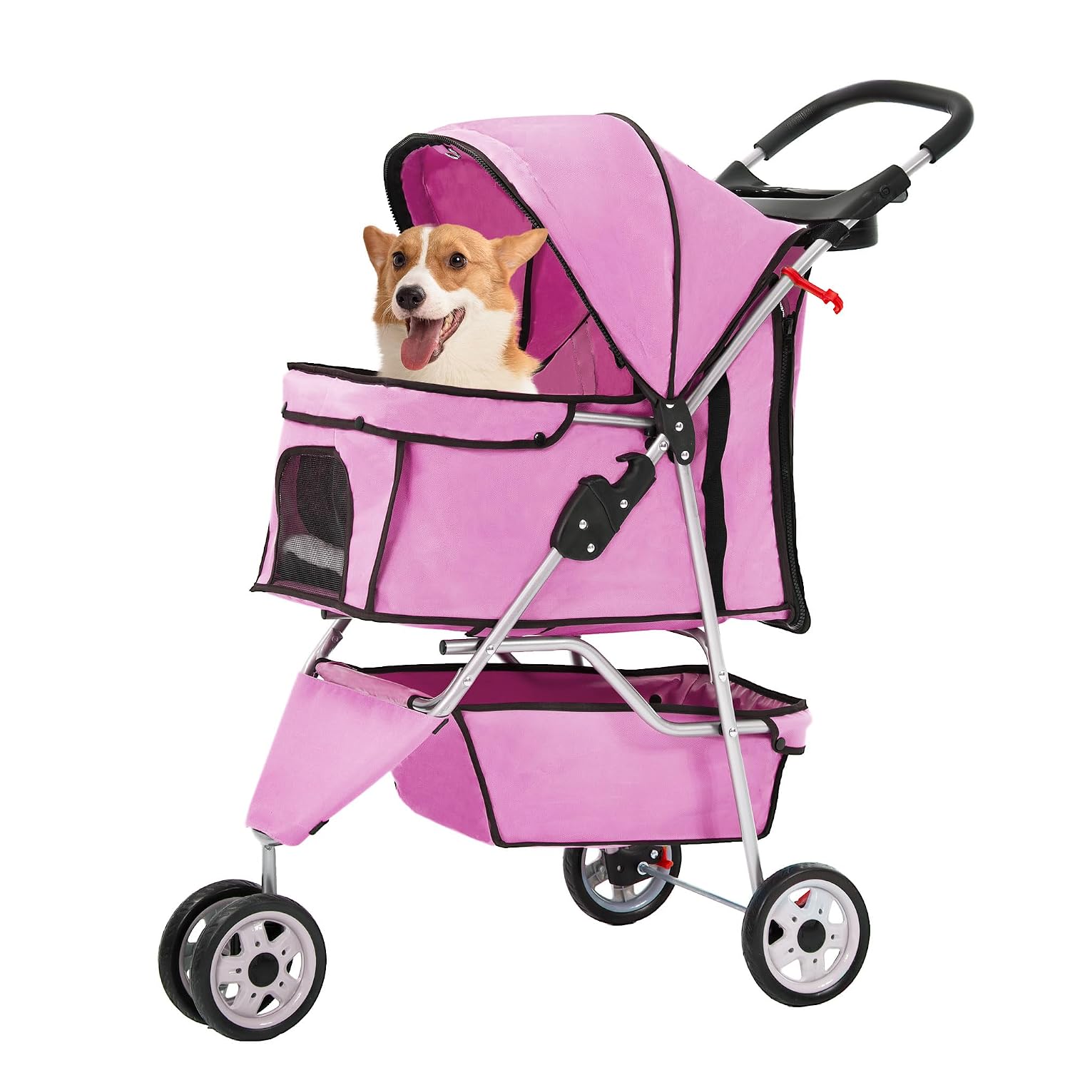Lightweight foldable pet stroller with waterproof Oxford fabric, breathable mesh, safety brakes and storage space, ideal for walking, jogging and travelling with small dogs and cats.
