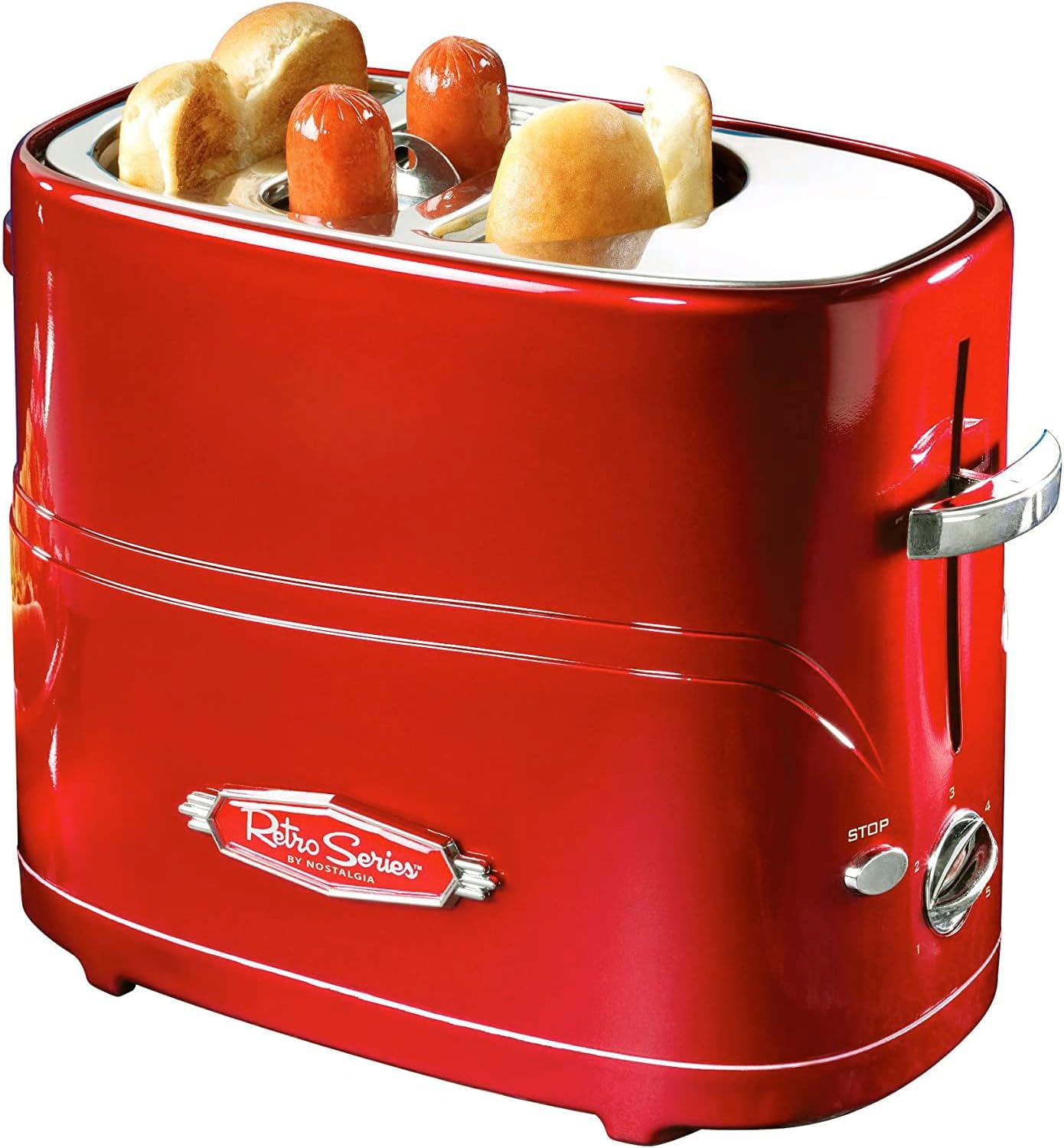Retro‑styled 2‑slot hot dog cooker toasts buns and cooks multiple sausage types, supplied with mini tongs, great for quick snacks and casual home parties.