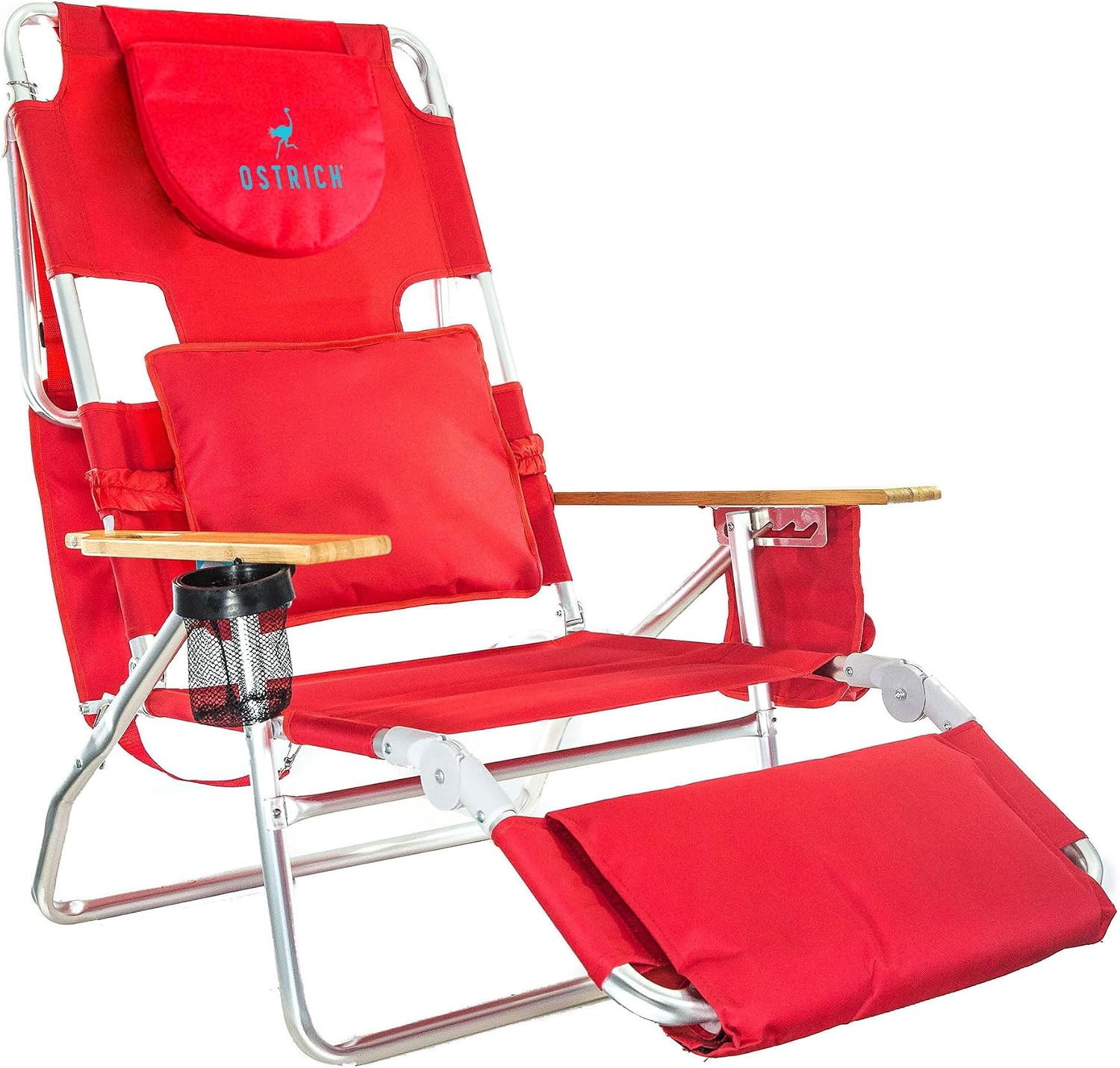 Portable reclining beach chair with face‑down feature, aluminium frame, cup holder and storage pockets for outdoor lounging and camping trips.
