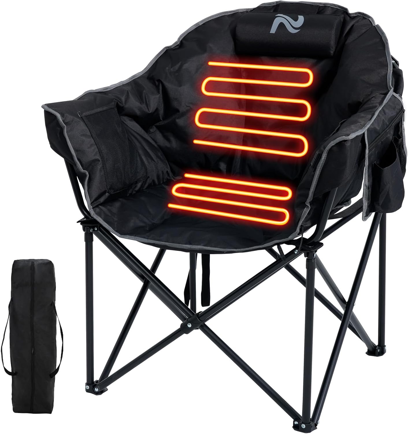 USB‑heated camping chair with dual‑zone 3‑level heating, tough 600D Oxford fabric, 500‑lb load capacity and carry bag for cold‑weather outdoor activities.