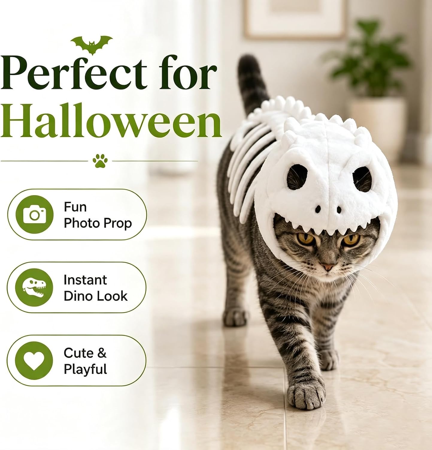 Soft plush glow‑in‑the‑dark dinosaur skeleton hooded outfit, fun eye‑catching Halloween costume ideal for cats for party and photo moments.
