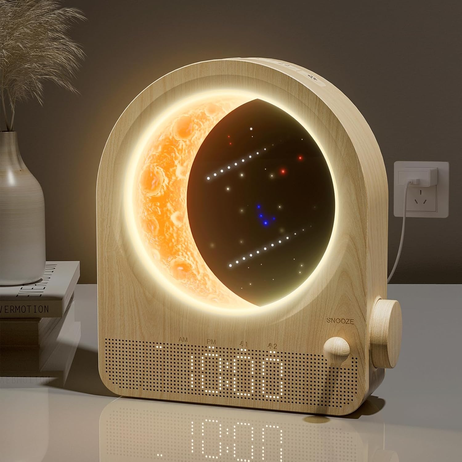 Moon Lamp with Luminous Alarm Clock, 3 Brightness Levels, 10 Natural Soothing Sounds for Bedroom Night Light Sleep Aid