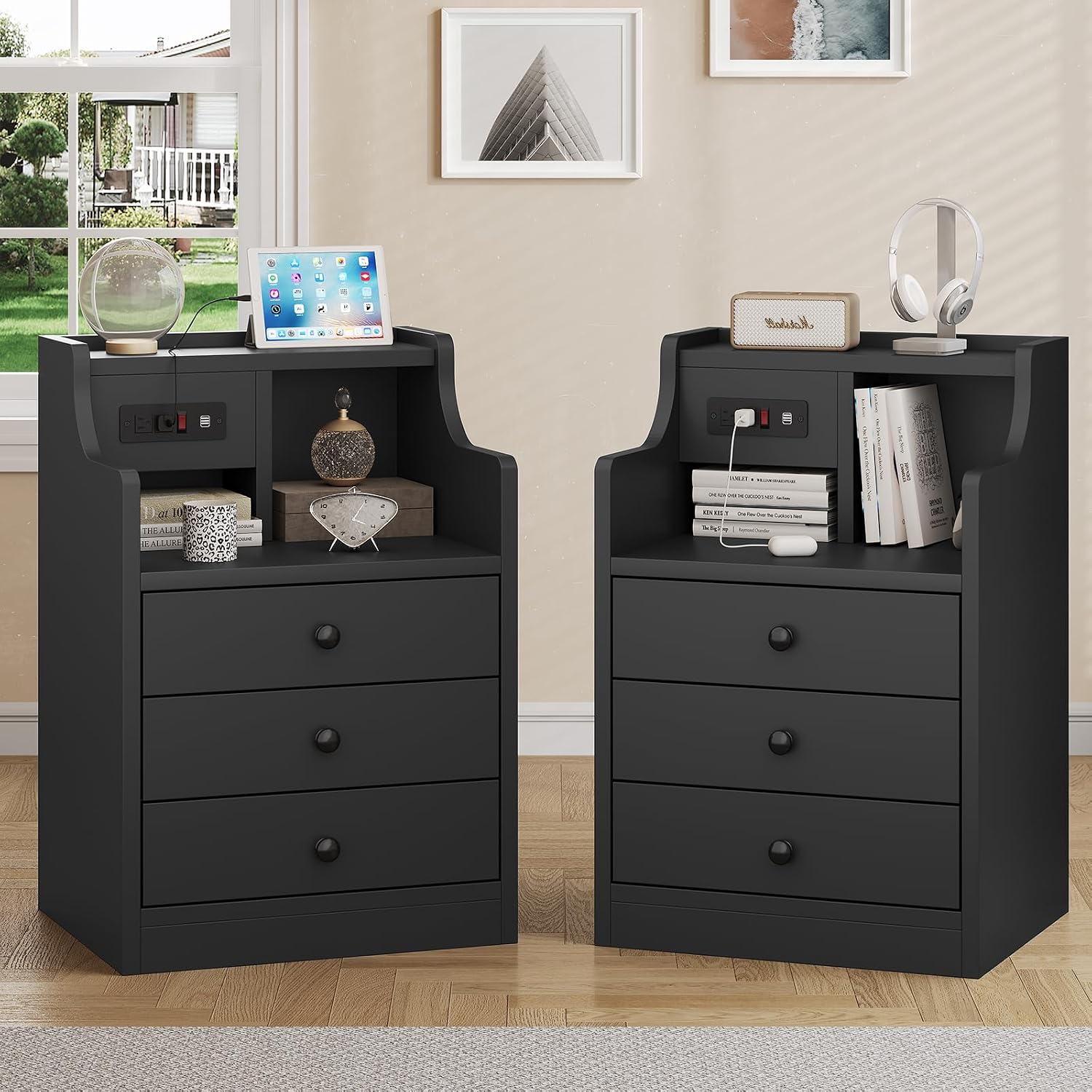 This multi‑drawer bedside cabinet with built‑in USB and mains charging ports is sturdily built, space‑saving and versatile for bedrooms and living‑room spaces.