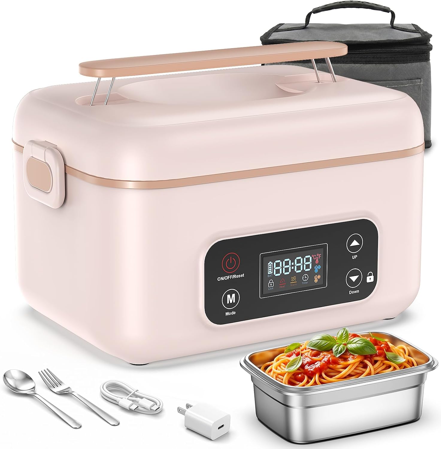 Cordless rechargeable heated lunch box with 5‑sided even heating, programmable timer and safety lock, for hot meals anywhere without wall or car power sockets.