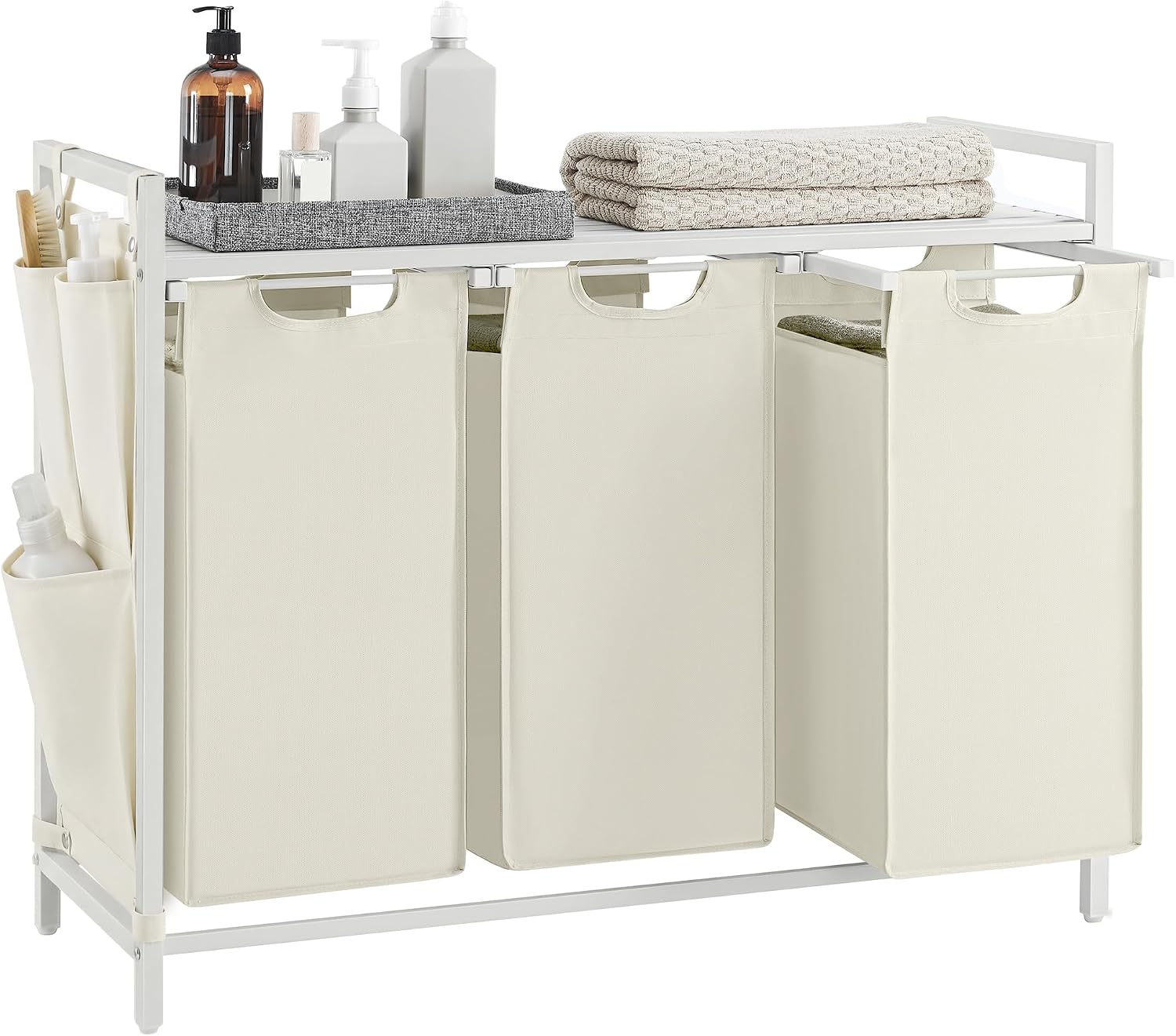 Laundry hamper with ventilated top shelf, removable washable fabric bags, robust steel‑MDF frame holding 44 lbs and adjustable feet for tidy bedroom, bathroom and utility‑room storage.