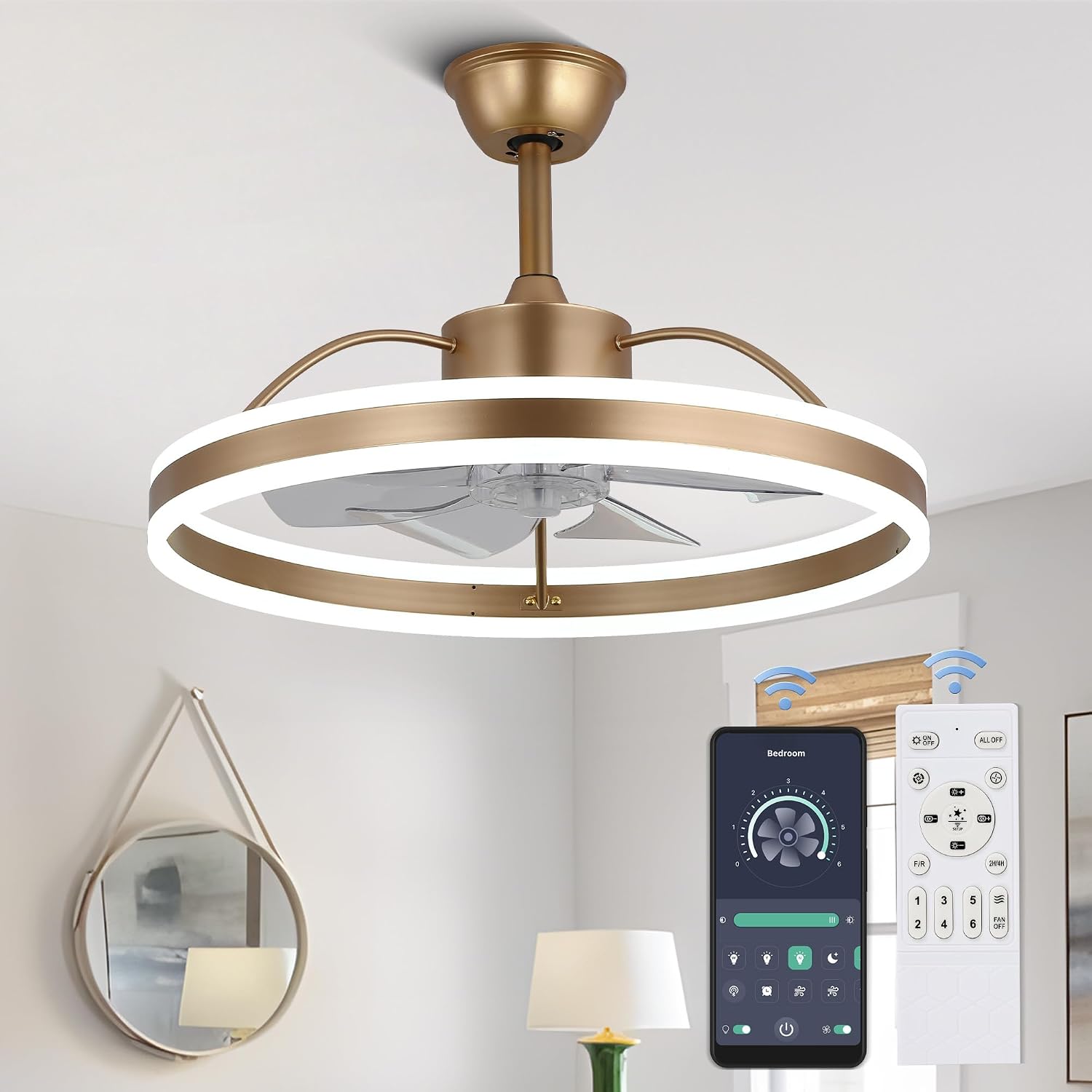 Low‑profile 2‑in‑1 flush‑mount ceiling fan with dimmable 3‑colour APP‑controlled LED light, reversible six‑speed motor, perfect for rooms with low ceilings.