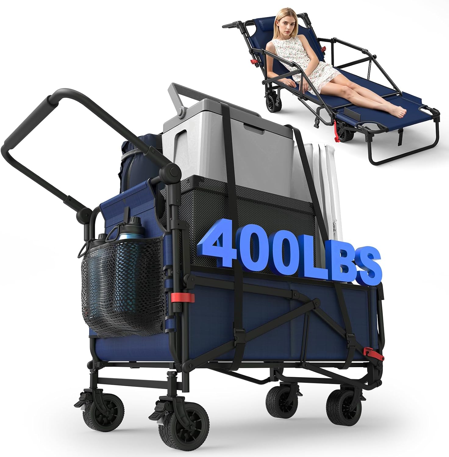 2‑in‑1 utility wagon‑to‑beach‑chair combo, high‑strength alloy frame, large capacity, tough 600D Oxford fabric and smooth all‑terrain 360° swivel wheels for outdoors.