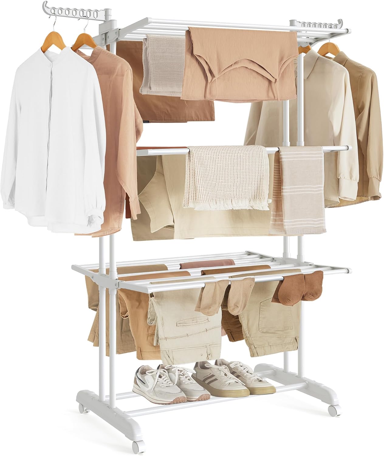 Sturdy 4‑tier foldable clothes airer with lockable castors, large drying space for indoor and outdoor laundry, holds up to 90.4 lb. 