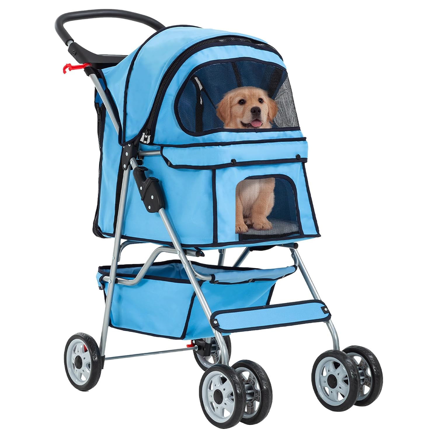 Lightweight foldable pet stroller with waterproof Oxford fabric, breathable mesh, safety brakes and storage space, ideal for walking, jogging and travelling with small dogs and cats.