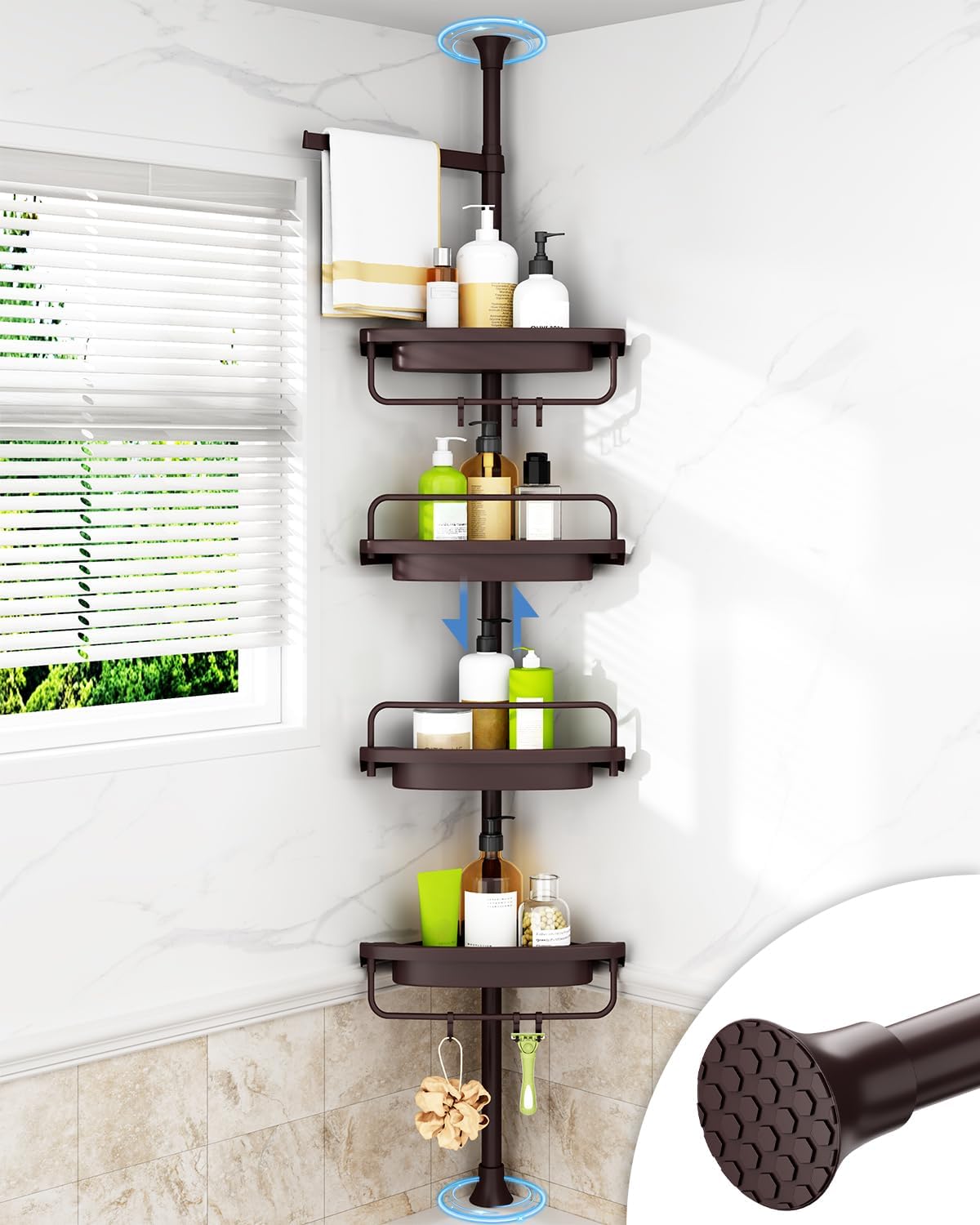 Rust‑proof corner shower caddy with 304 stainless‑steel tension pole, four large draining shelves, tool‑free fit for bathroom toiletries storage. 
