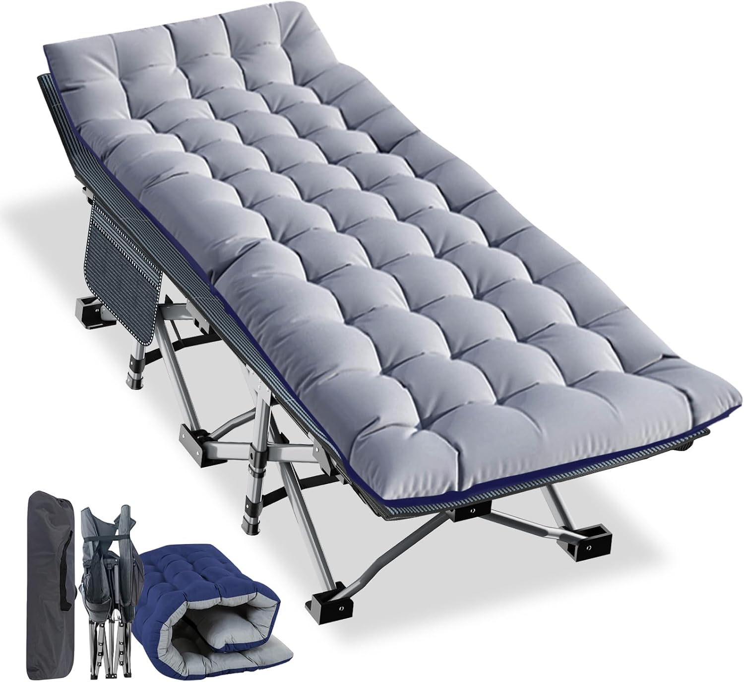 Heavy-duty folding camping cot with rust-proof steel frame and tough 1200D Oxford fabric, supporting 900lbs. Fast 10-second setup, removable dual-colour mattress and portable design for indoor and outdoor sleeping.