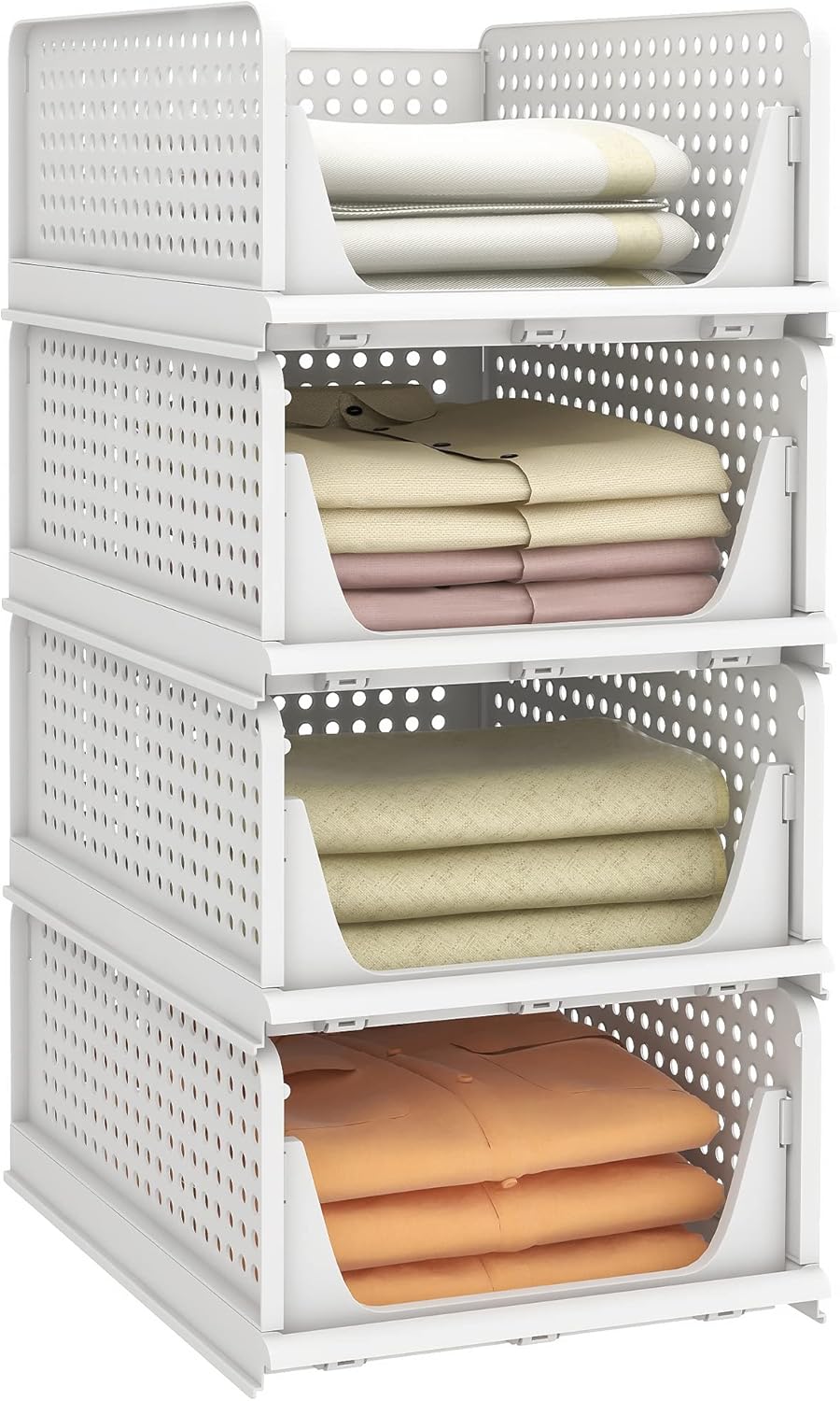 stackable plastic storage baskets, multi‑use closet organisers for bedrooms, bathrooms, RVs and playrooms to keep clothes neatly arranged.