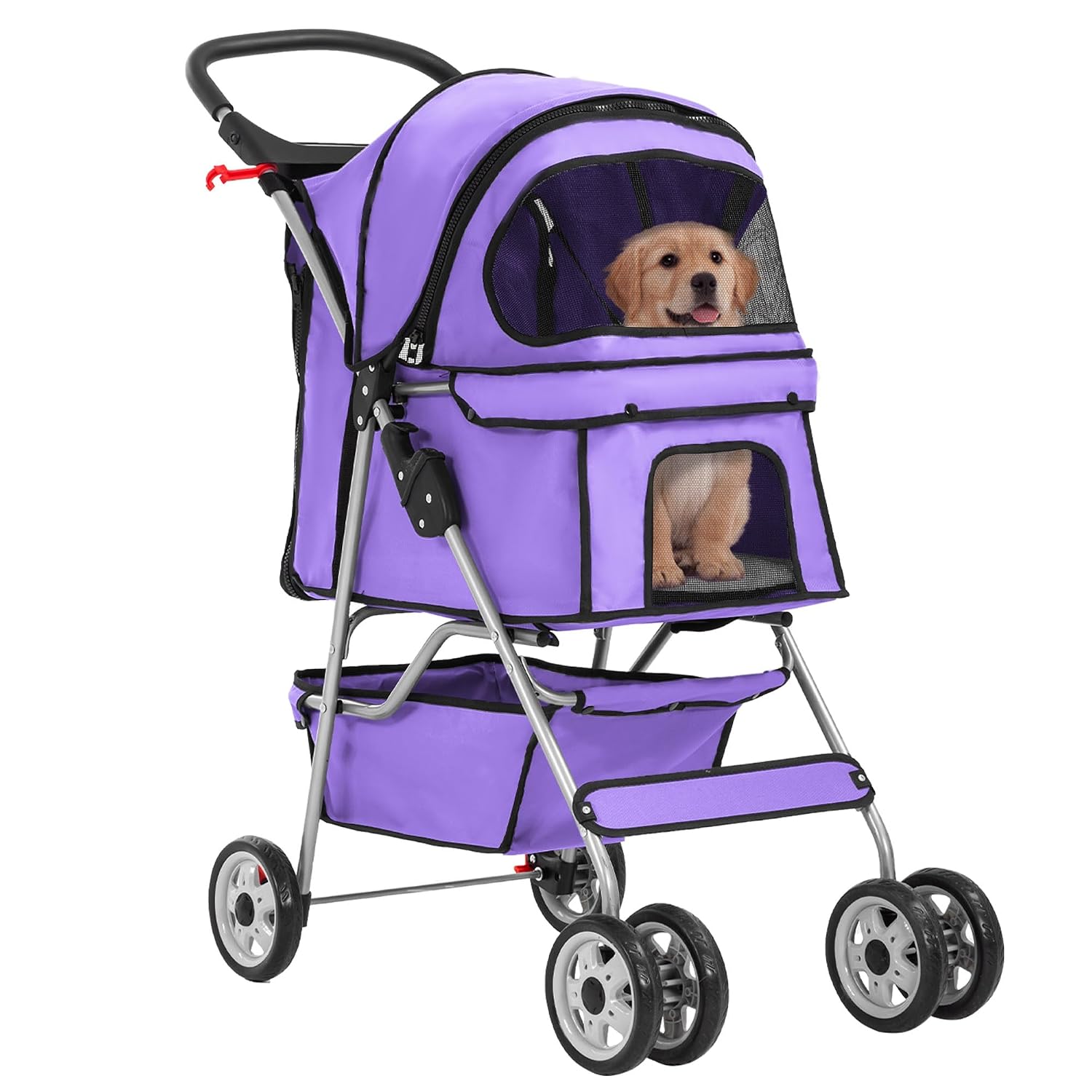 Lightweight foldable pet stroller with waterproof Oxford fabric, breathable mesh, safety brakes and storage space, ideal for walking, jogging and travelling with small dogs and cats.