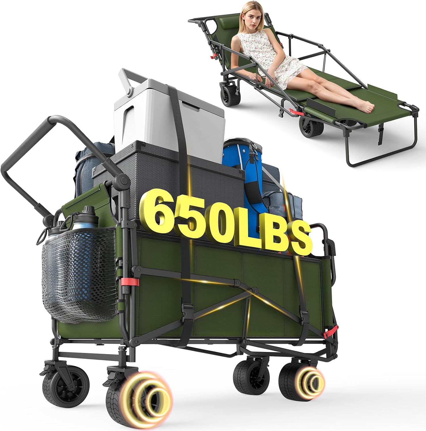 2‑in‑1 utility wagon‑to‑beach‑chair combo, high‑strength alloy frame, large capacity, tough 600D Oxford fabric and smooth all‑terrain 360° swivel wheels for outdoors.