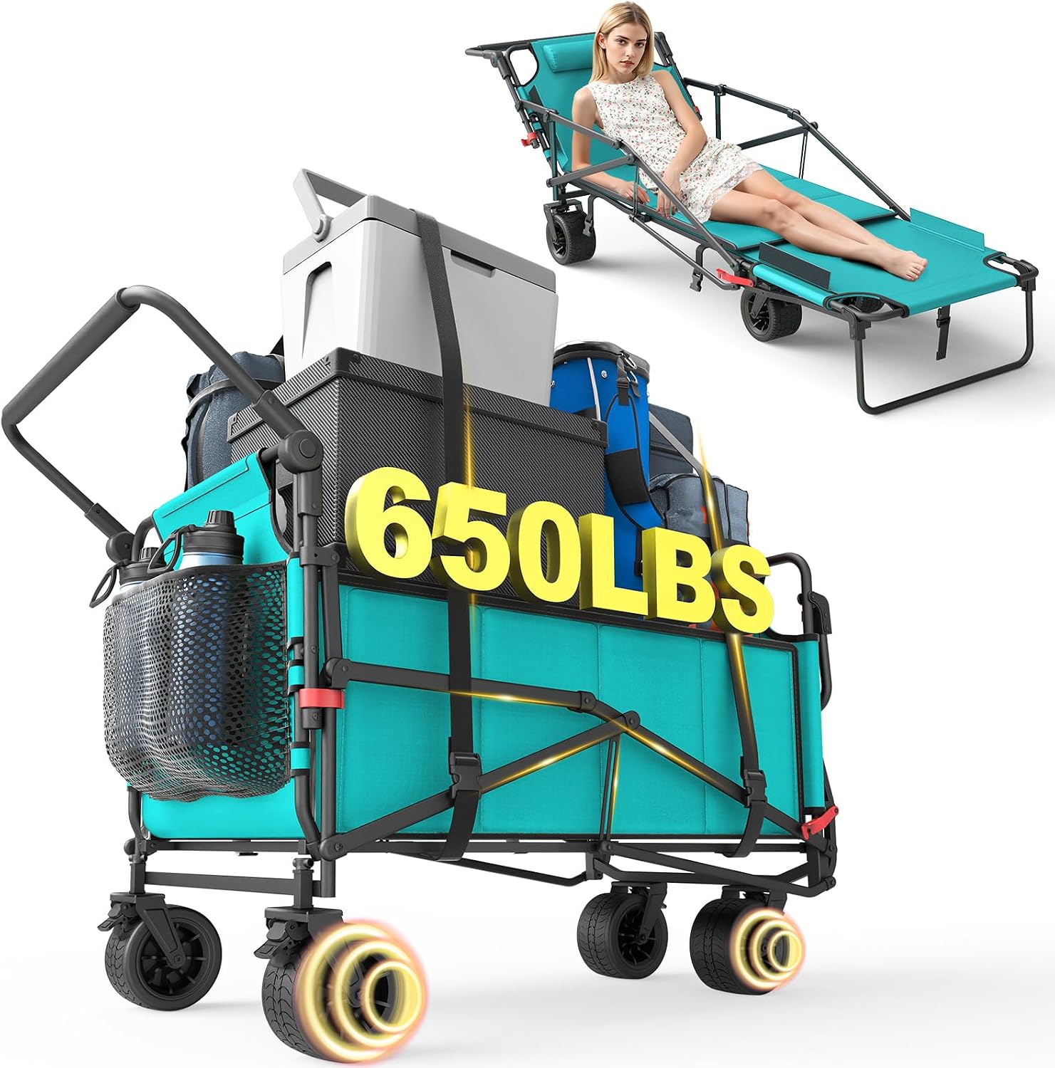 2‑in‑1 utility wagon‑to‑beach‑chair combo, high‑strength alloy frame, large capacity, tough 600D Oxford fabric and smooth all‑terrain 360° swivel wheels for outdoors.