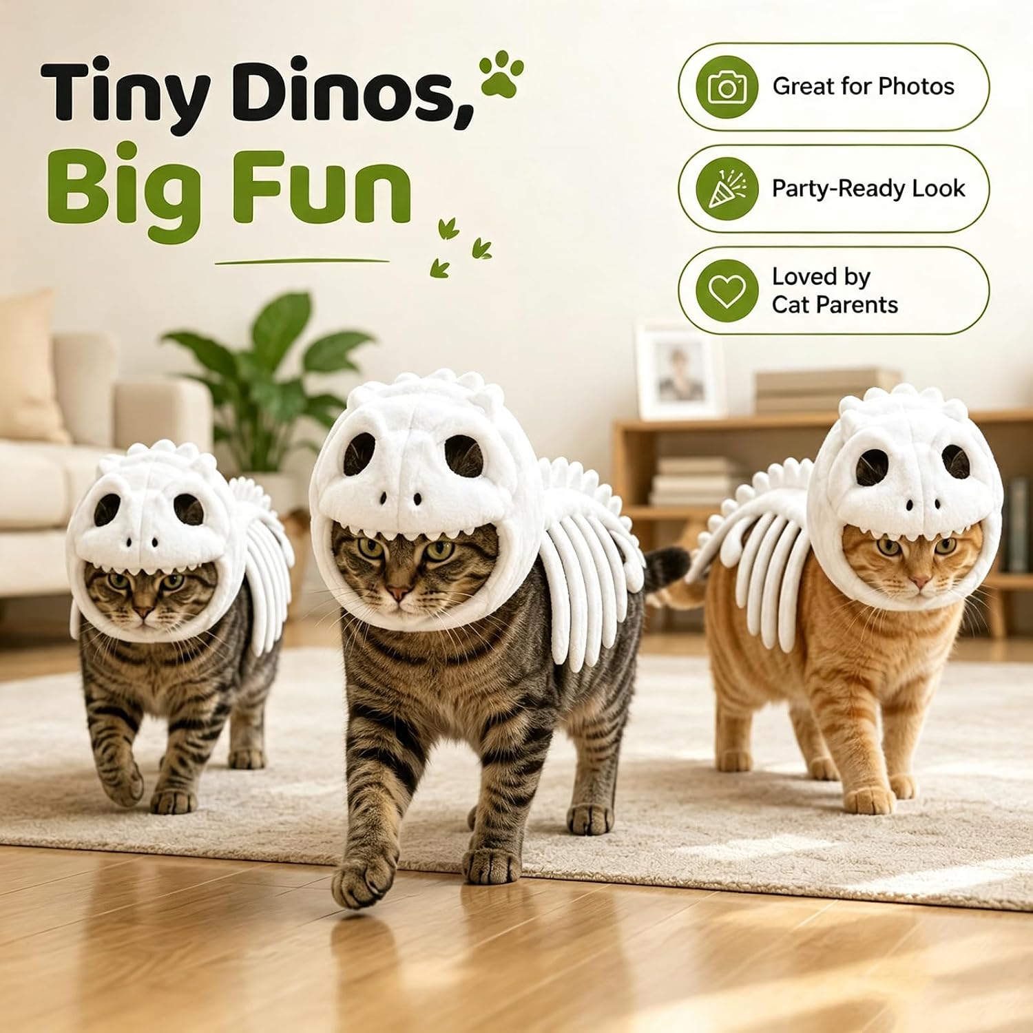 Soft plush glow‑in‑the‑dark dinosaur skeleton hooded outfit, fun eye‑catching Halloween costume ideal for cats for party and photo moments.
