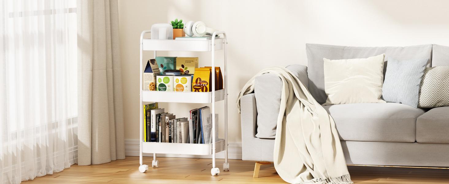 3-Tier Rolling Utility Cart with Wheels, Space-Saving Storage Organizer for Kitchen, Bathroom, Office and Dorm, Easy Assembly