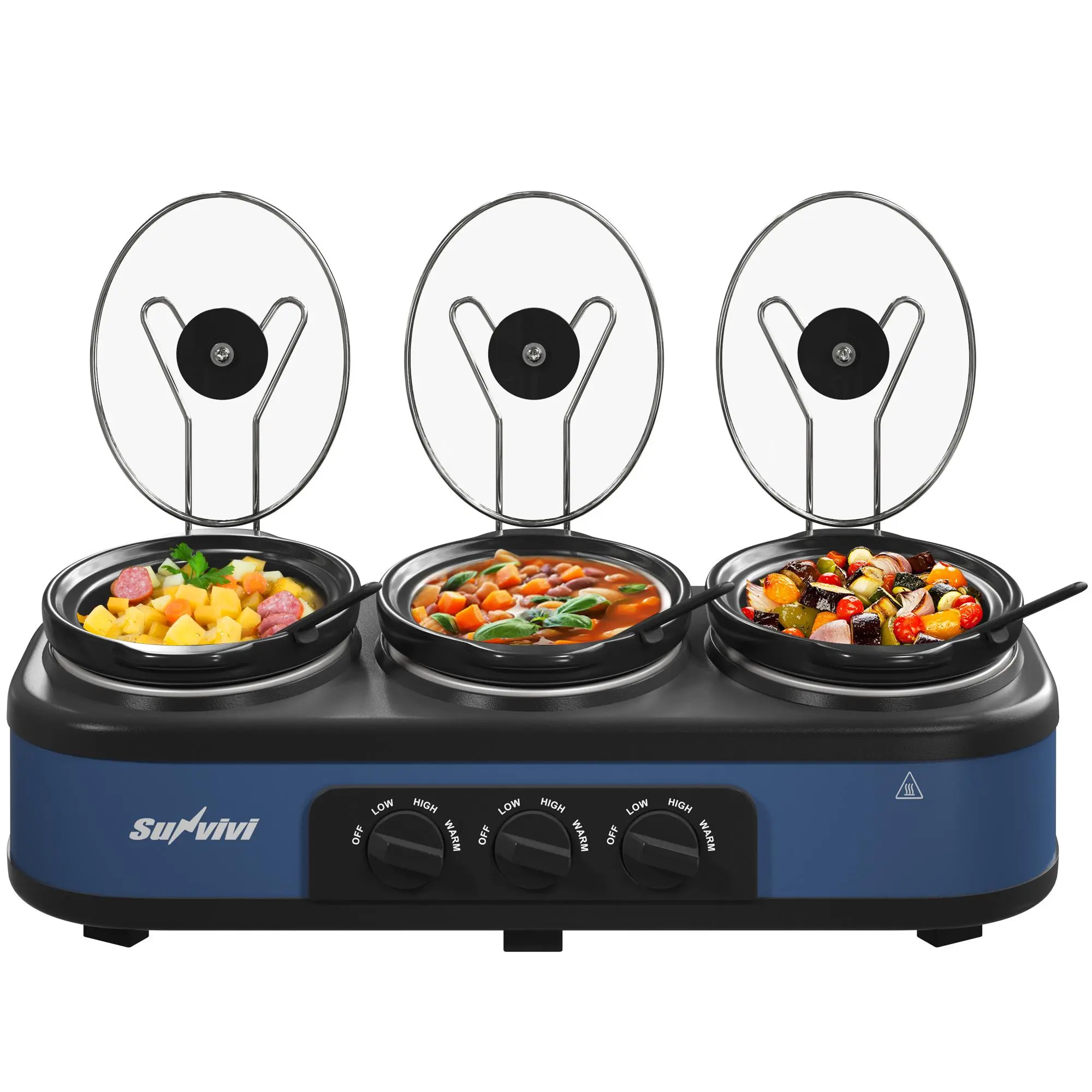 Triple‑pot slow cooker with independent temperature controls, cook three dishes at once, dishwasher‑safe pots, ideal for family meals and entertaining guests.