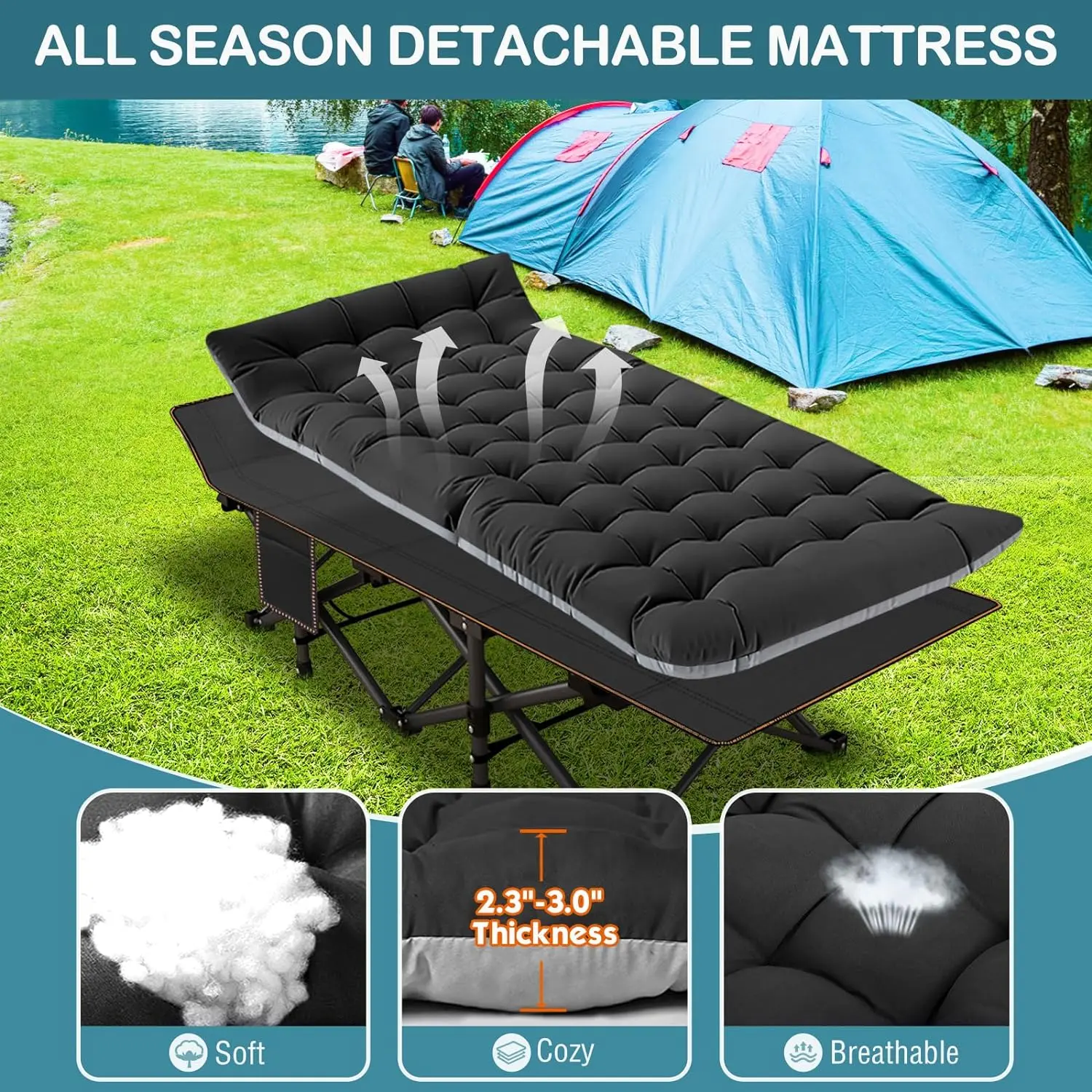 Folding Camping Cot with Mattress, Bed frame & Carry Bag - Heavy Duty Portable Bed for Outdoor & Indoor Use, Guest Bed, Travel, Picnic, Office nap, Hiking, Fishing, dorm essentials, campingessentials, campinggear