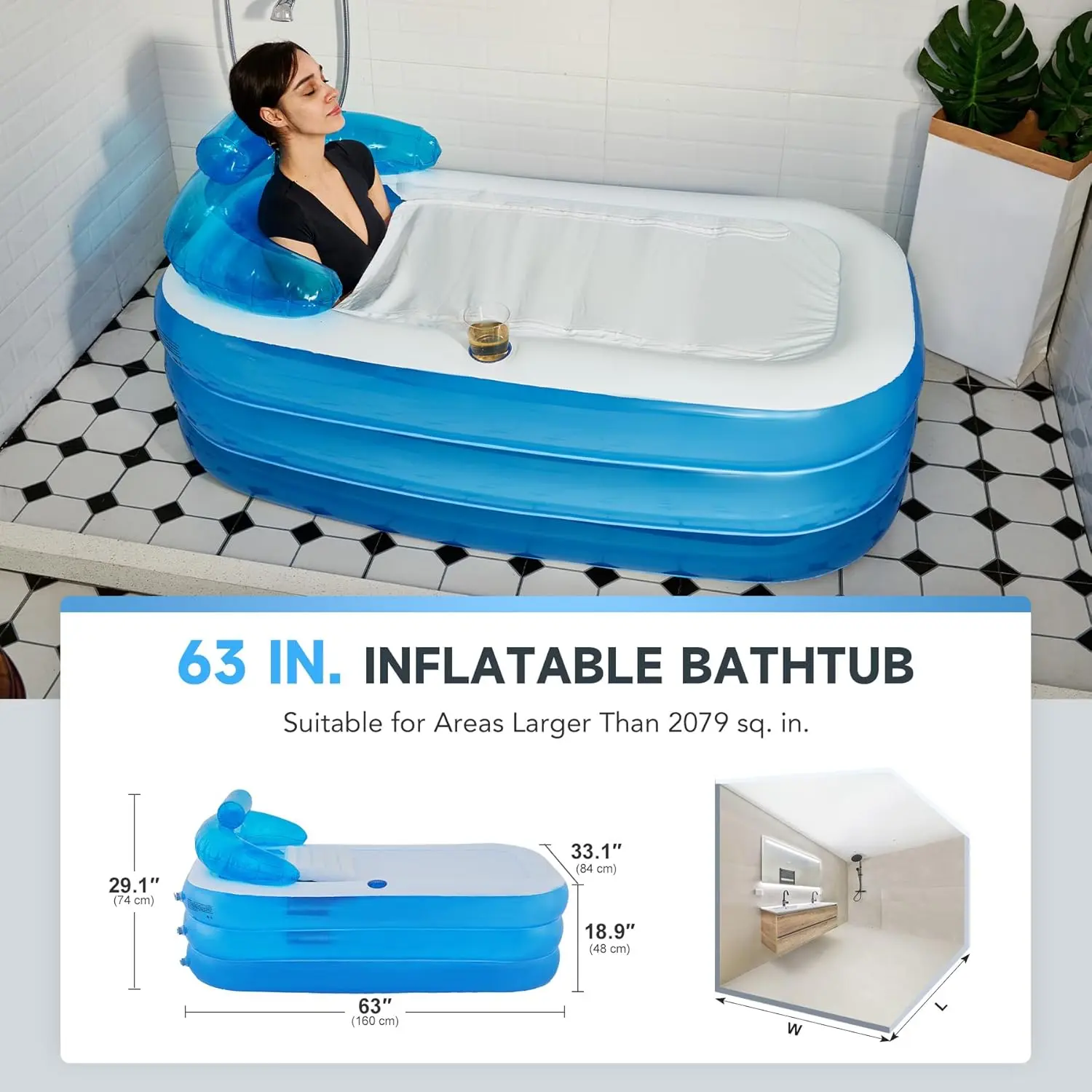 Inflatable Bathtub with Electric Air Pump & Bath Pillow Headrest Portable Blow Up Tub for Adults Durable PVC Material Indoor Outdoor Use Foldable Spa Cover Drainage Hose Cup Holder