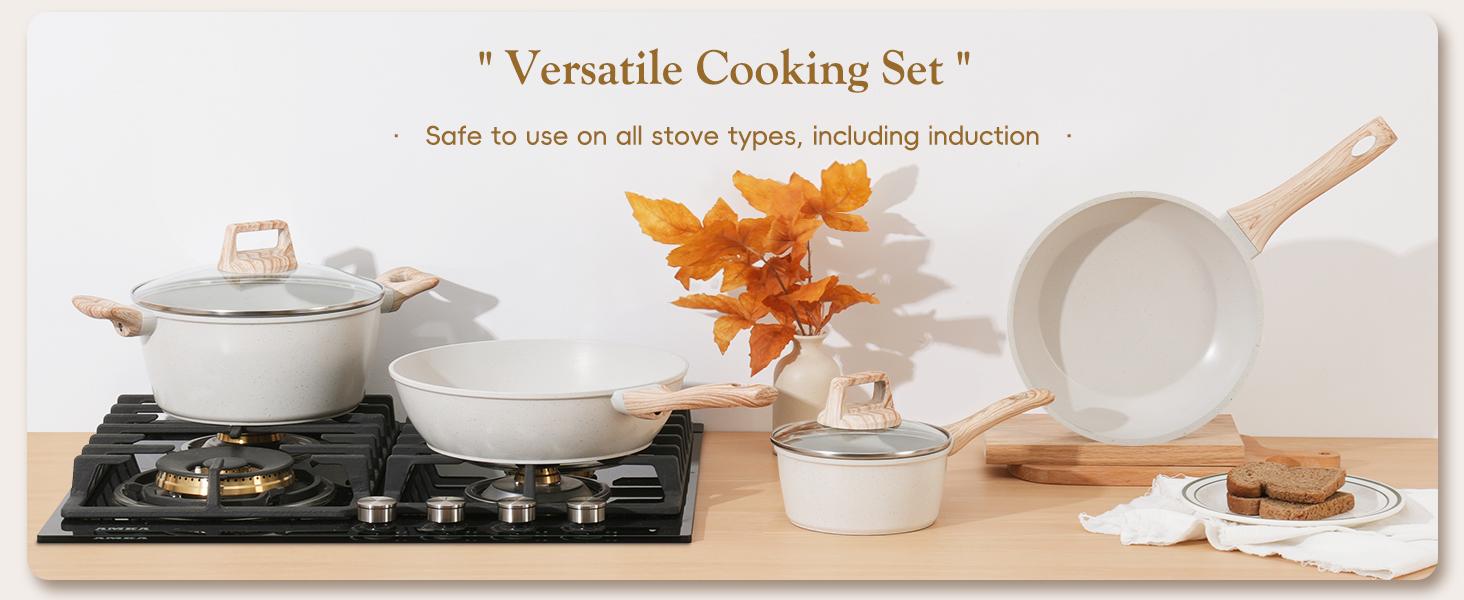 12pcs Pots and Pans Set Non Stick Kitchen Cookware Sets Granite Cooking Set with Frying Pans, Saucepans, Nonstick Pots with Glass Lid, summersale,home essentials,backtoschool, glowup