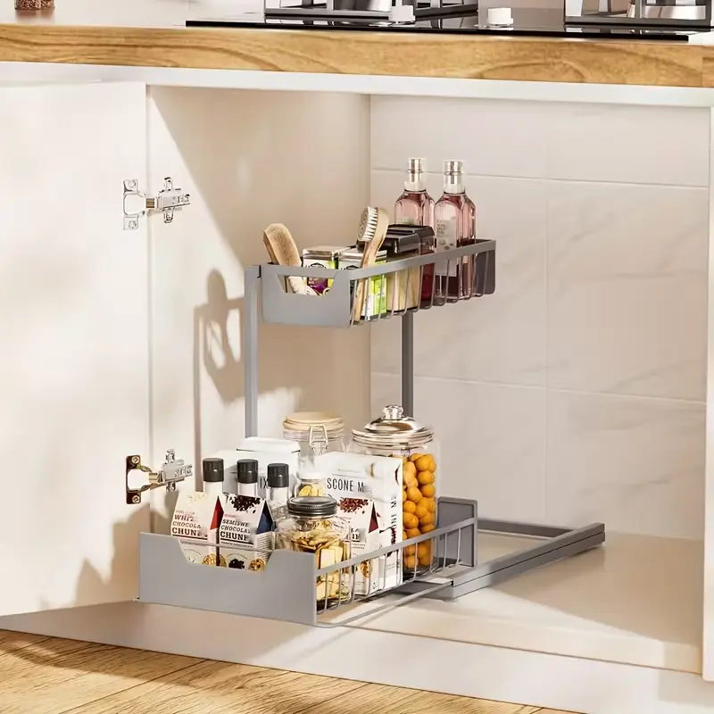 Undersink Storage Rack with 2 Layers Metal Pull-Out Kitchen Cabinet Organizer