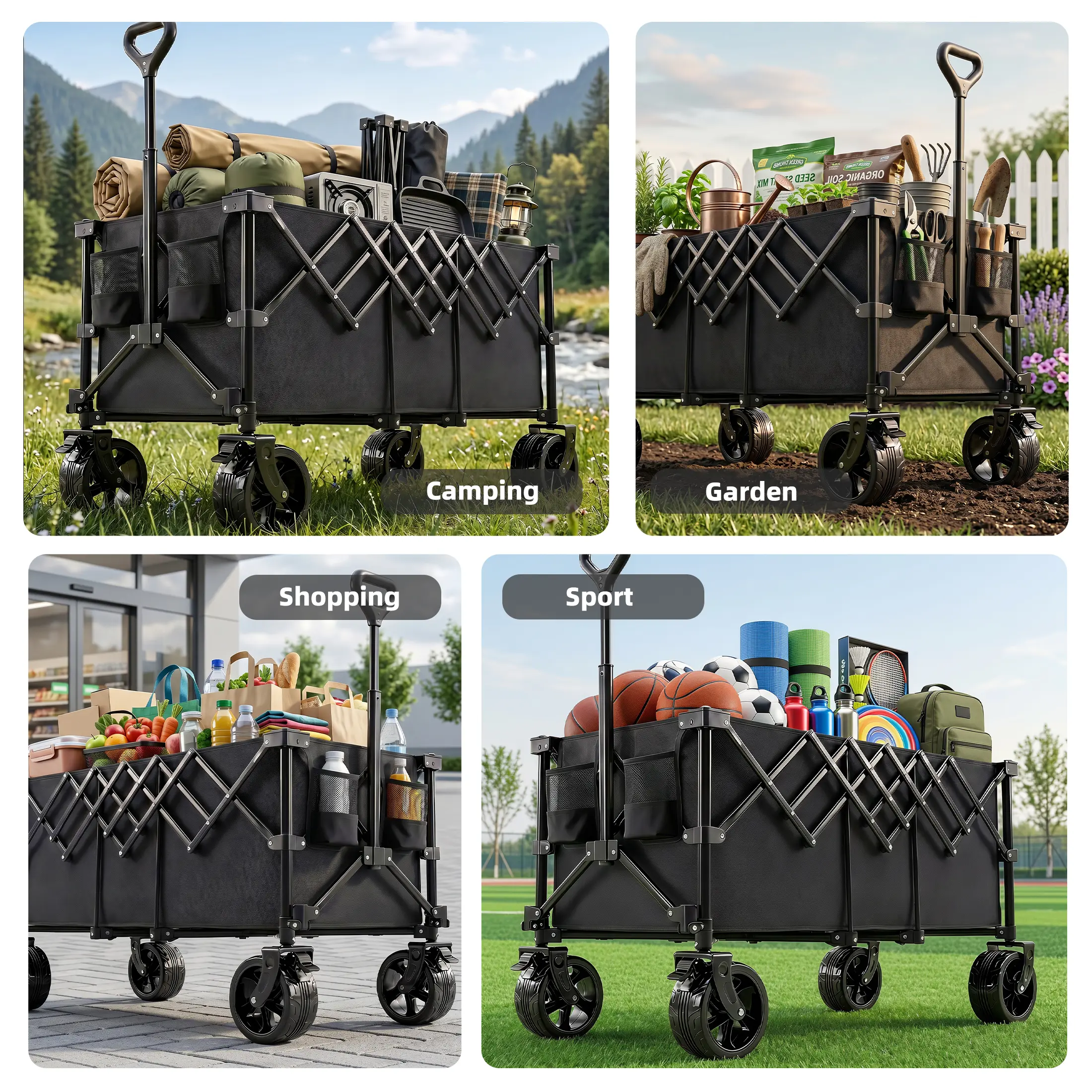 This large‑capacity collapsible utility wagon boasts tough 600D Oxford fabric, adjustable pull‑handle and 360° swivel wheels for all‑terrain outdoor hauling.