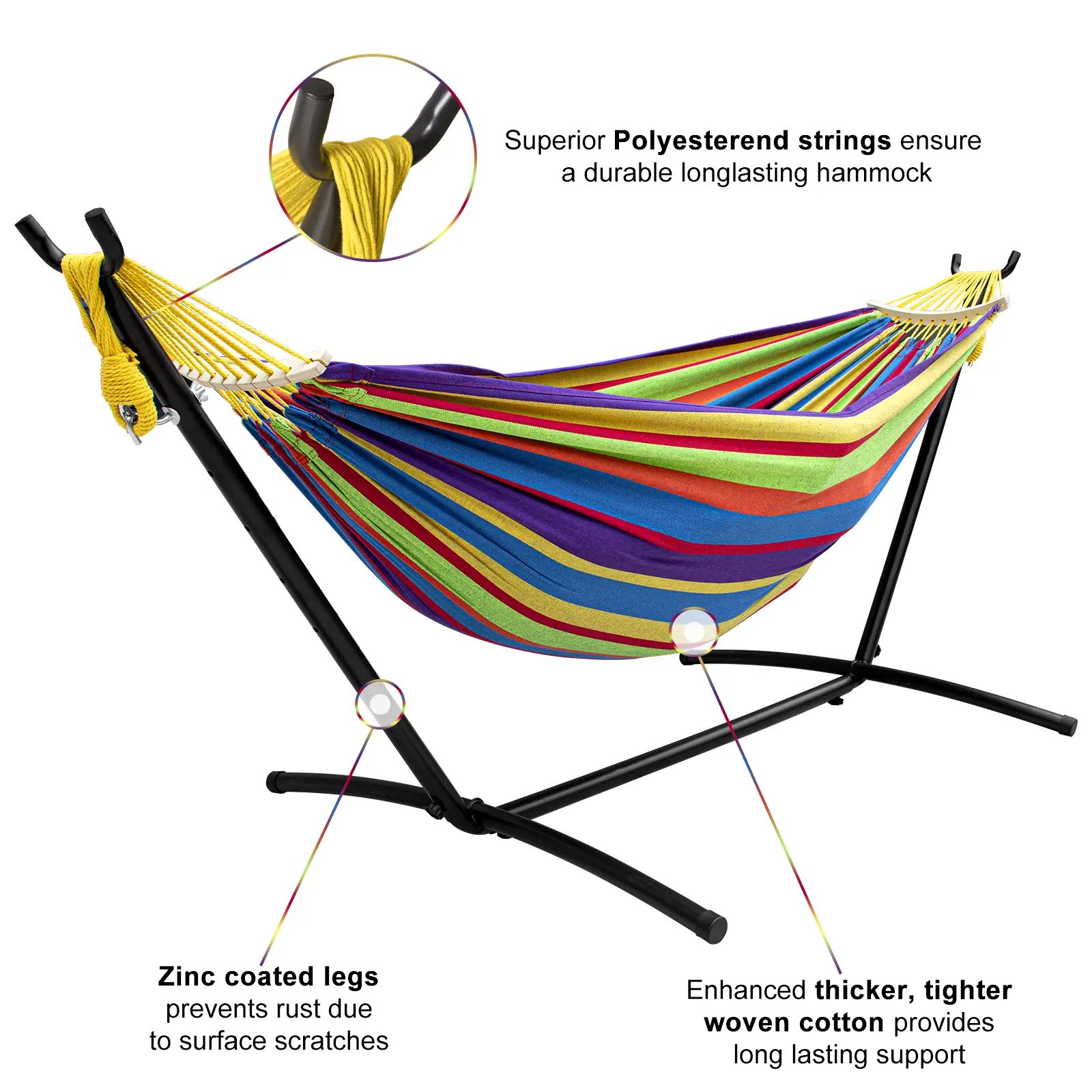 Cosy striped cotton hammock with sturdy steel stand, tool‑free setup, 450‑lb load capacity and carry bag, perfect for relaxing indoors or across your outdoor spaces.
