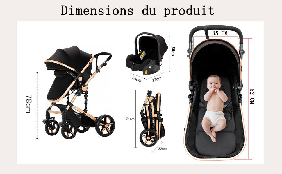 Le texte se lit comme suit : &laquo; Dimensions du produit &raquo;. Sch&eacute;ma technique montrant plusieurs vues et mesures d'une poussette ou d'un syst&egrave;me de transport pour b&eacute;b&eacute; en noir.