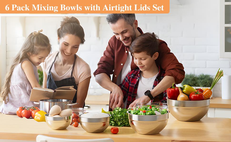 6-Piece Stainless Steel Multifunction Mixing Bowl Set with 3 Grinder Attachments, Large Capacity Reusable Bowls Cut Waste, Nesting Kitchen Food Organizer Tableware