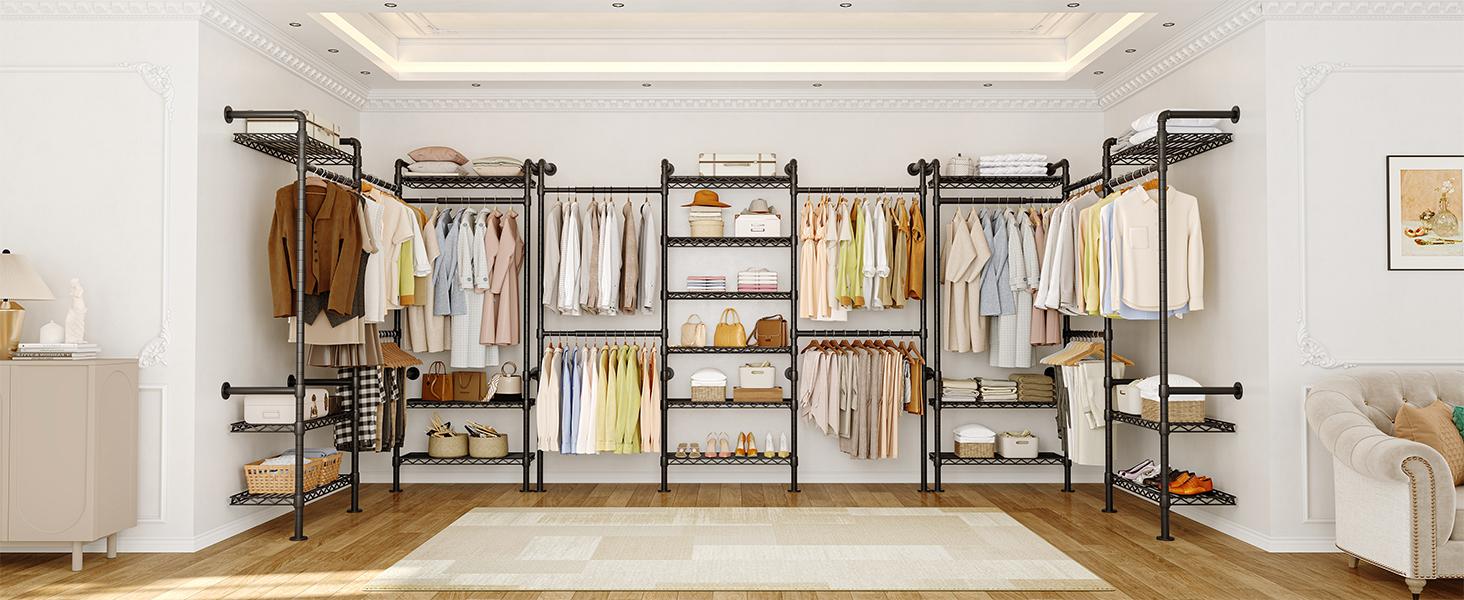 【MAX 900 LBS】ONBRILL Expandable(18.3-34.6") Wall Mounted Closet System, Industrial Pipe Clothing Rack, Clothes Rack Garment Racks Wardrobe Racks for Hanging Clothes, Heavy Duty Closet Organizers for LivingRoom Bedroom Furniture【BackToSchool】