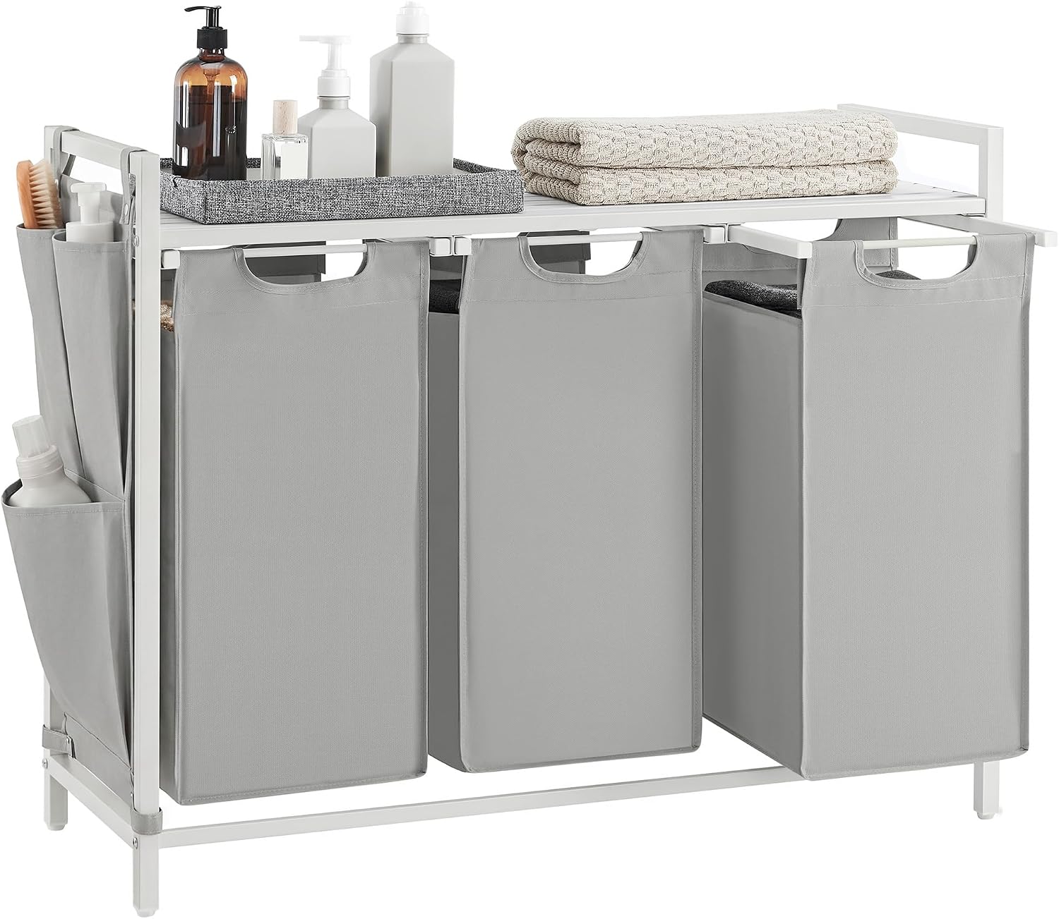 Laundry hamper with ventilated top shelf, removable washable fabric bags, robust steel‑MDF frame holding 44 lbs and adjustable feet for tidy bedroom, bathroom and utility‑room storage.