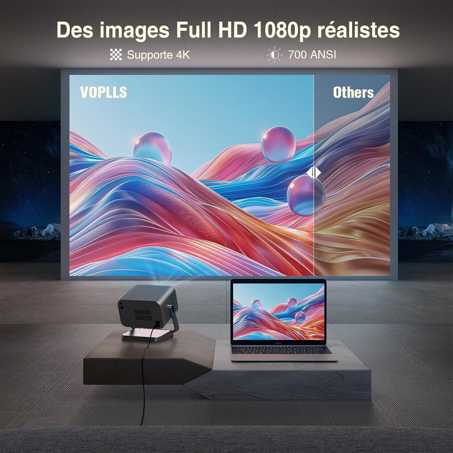 4K Video Projector, [Officially Certified App & DoIby Audio] VOPLLS 30000 Lumens Auto Focus/Keystone Video Projector, FHD 1080P Portable Projector WiFi Bluetooth/Home Theater/Phone
