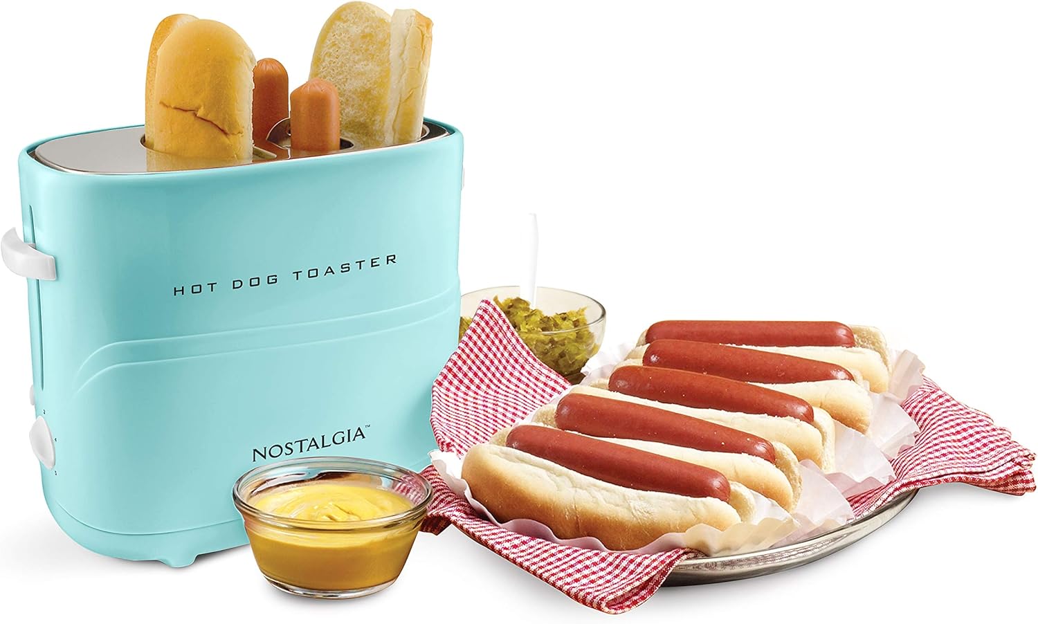 Retro‑styled 2‑slot hot dog cooker toasts buns and cooks multiple sausage types, supplied with mini tongs, great for quick snacks and casual home parties.