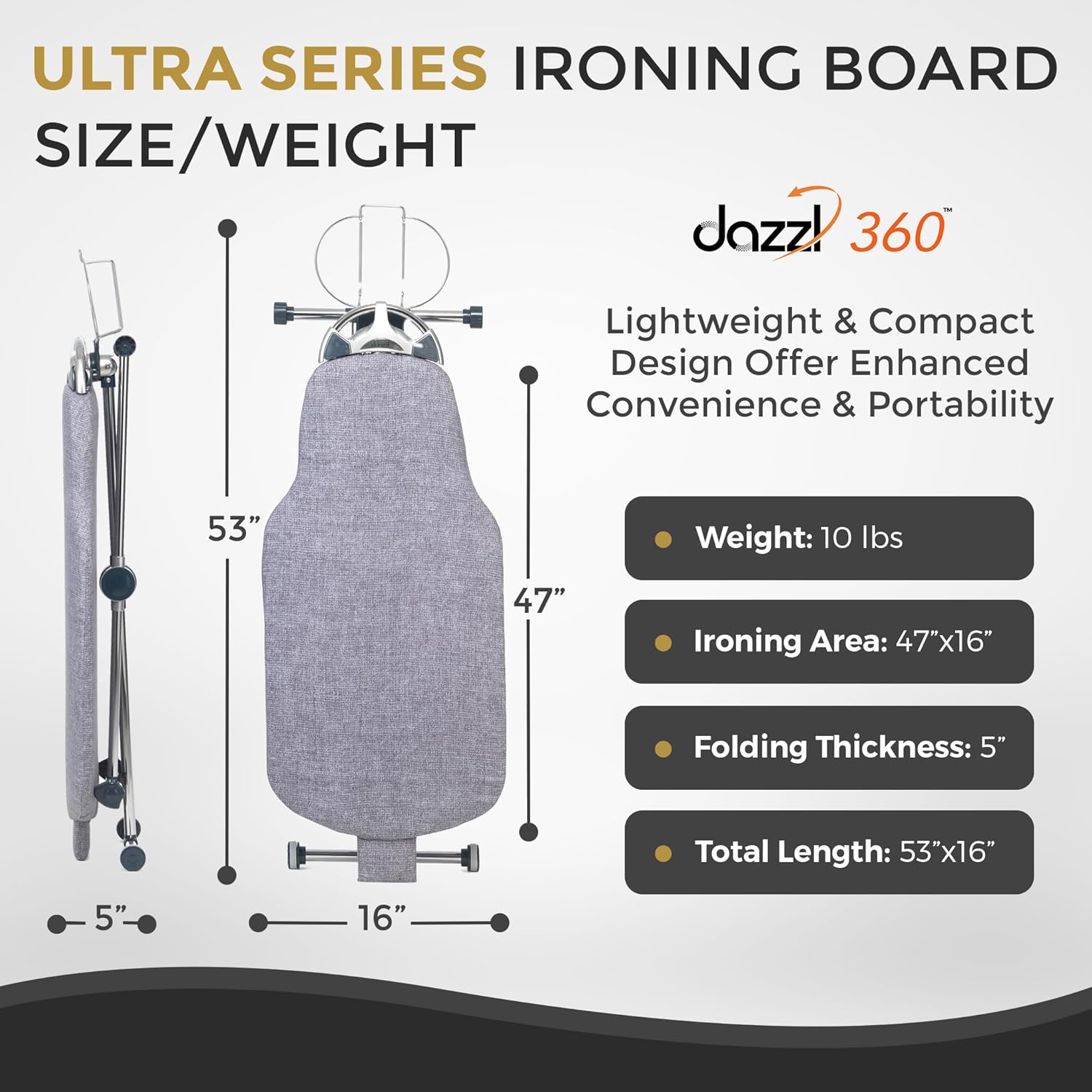 360‑degree rotating torso‑shaped ironing board with 8‑level height adjustment, swivel iron rest and padded removable cover for effortless home ironing.