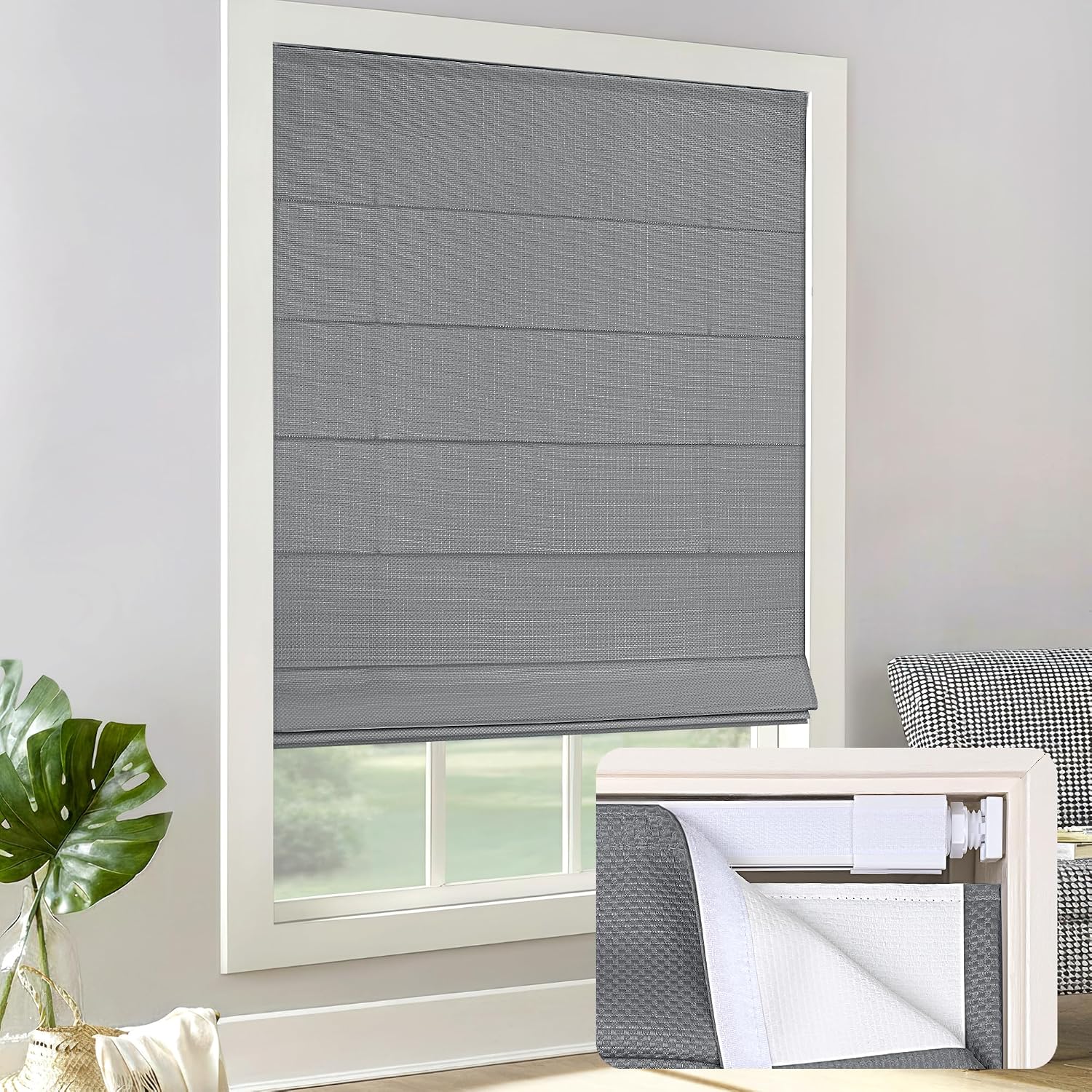 No‑drill cordless window blind for inside‑mount fitting, featuring 60% room‑darkening polyester fabric, child‑safe design and simple 30‑second installation for rental homes.