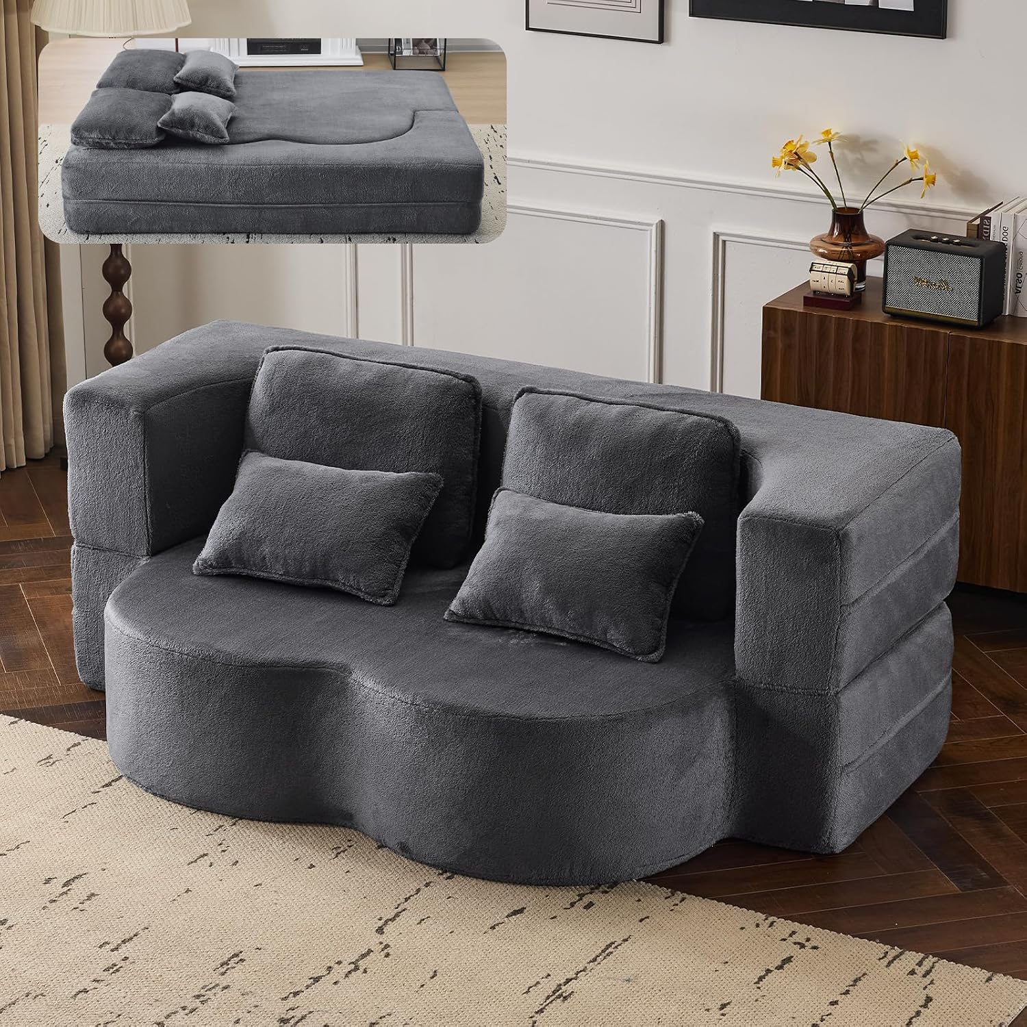 This convertible foam floor sofa‑bed with plush chenille fabric transforms from loveseat to sleeper, supplied with cushions and needing no assembly.