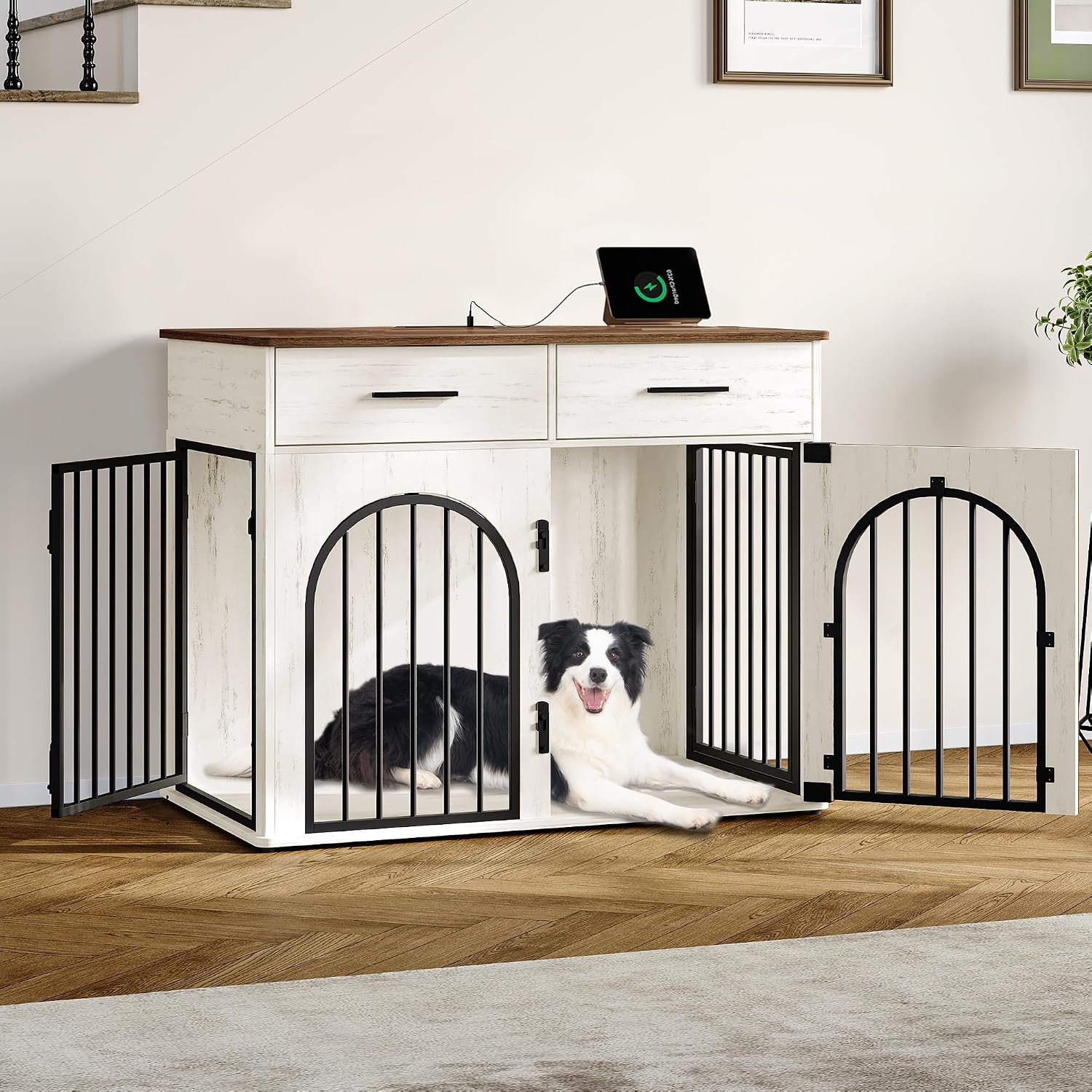 Furniture‑style dog crate with built‑in storage drawers and power strip, chew‑resistant metal frame, triple‑door secure locking design, doubles as side table for medium and large‑sized dogs indoors.