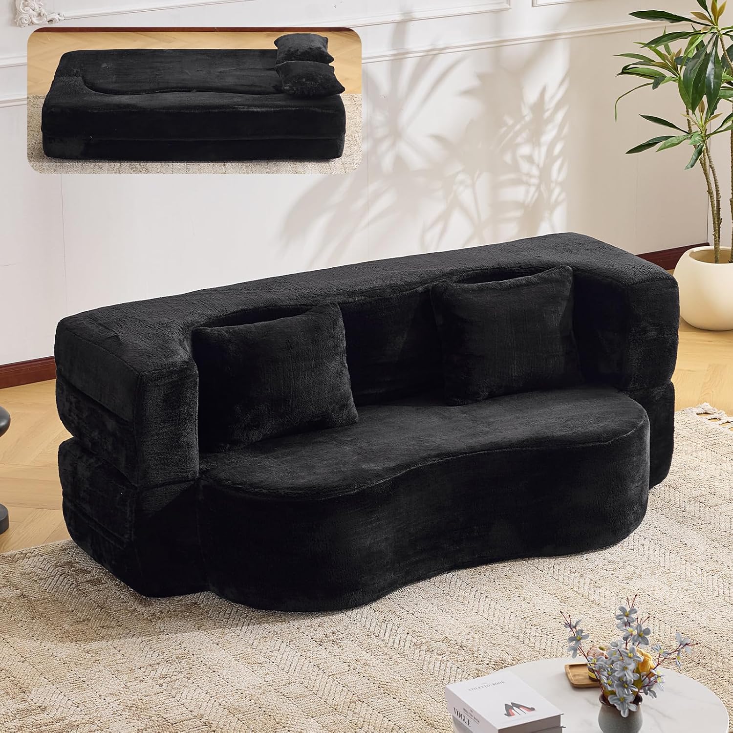 This convertible foam floor sofa‑bed with plush chenille fabric transforms from loveseat to sleeper, supplied with cushions and needing no assembly.