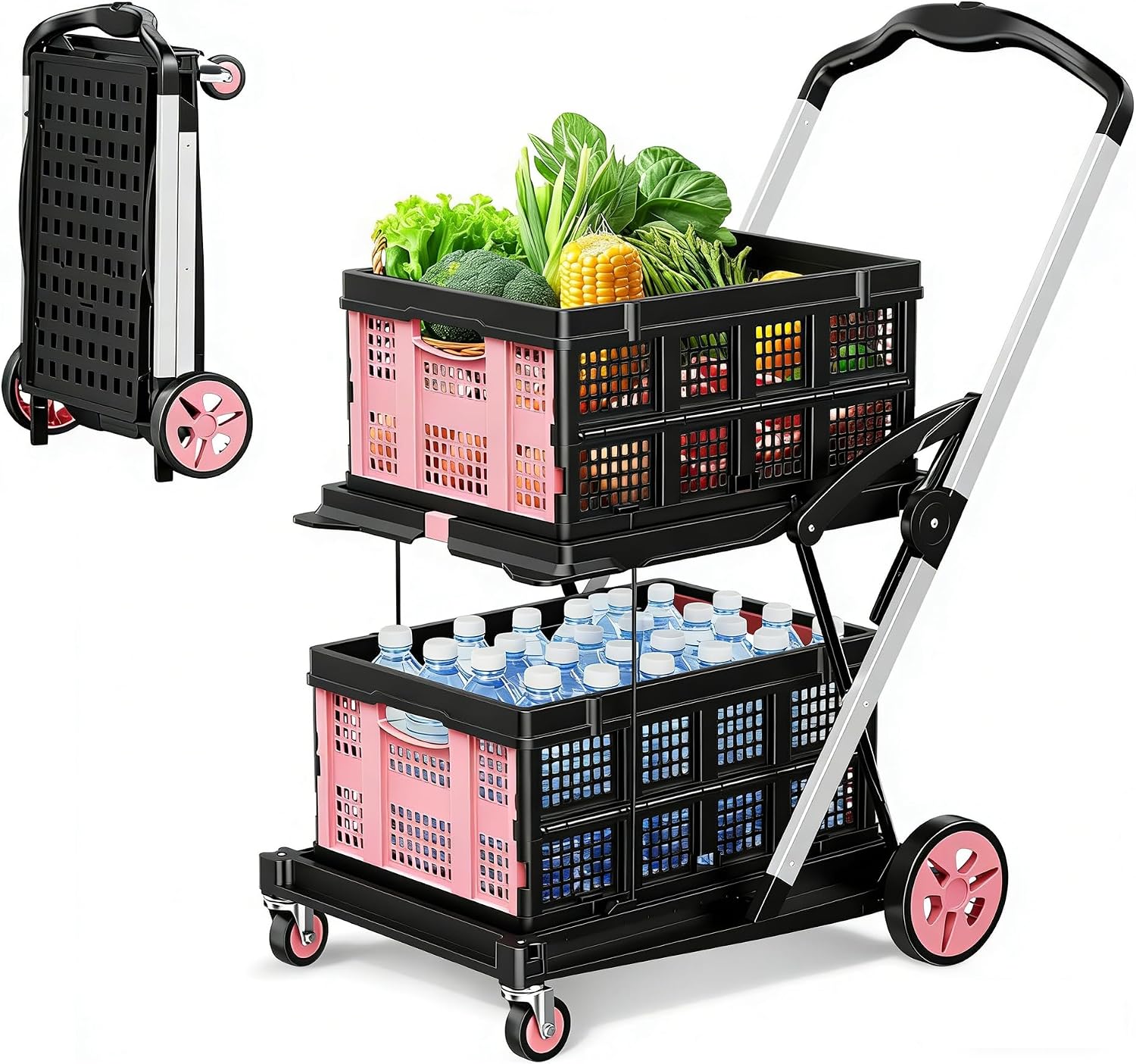 Heavy‑duty foldable shopping cart with over 200 lbs total load, secure rubber straps, collapsible baskets and space‑saving compact design for heavy grocery shopping.