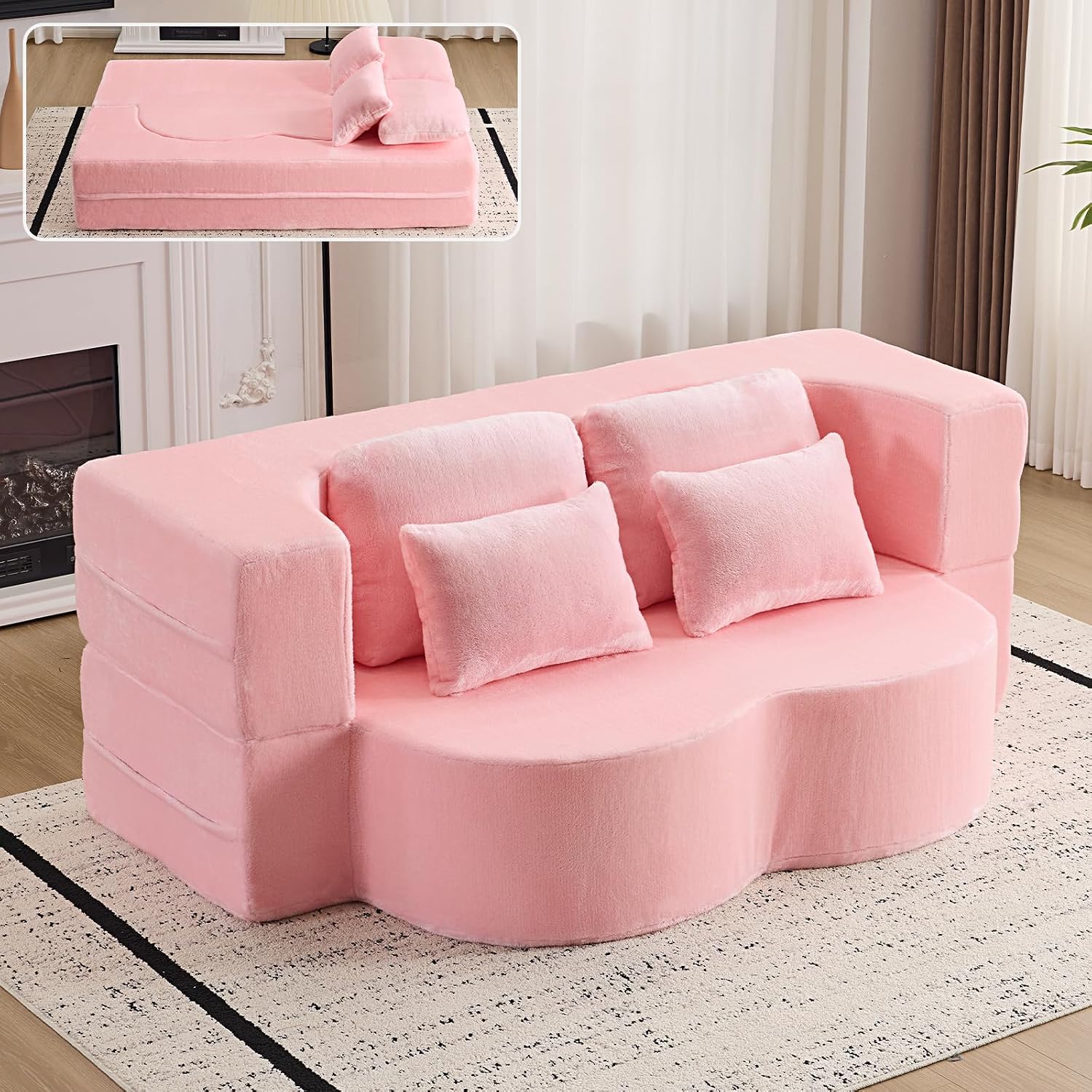 This convertible foam floor sofa‑bed with plush chenille fabric transforms from loveseat to sleeper, supplied with cushions and needing no assembly.