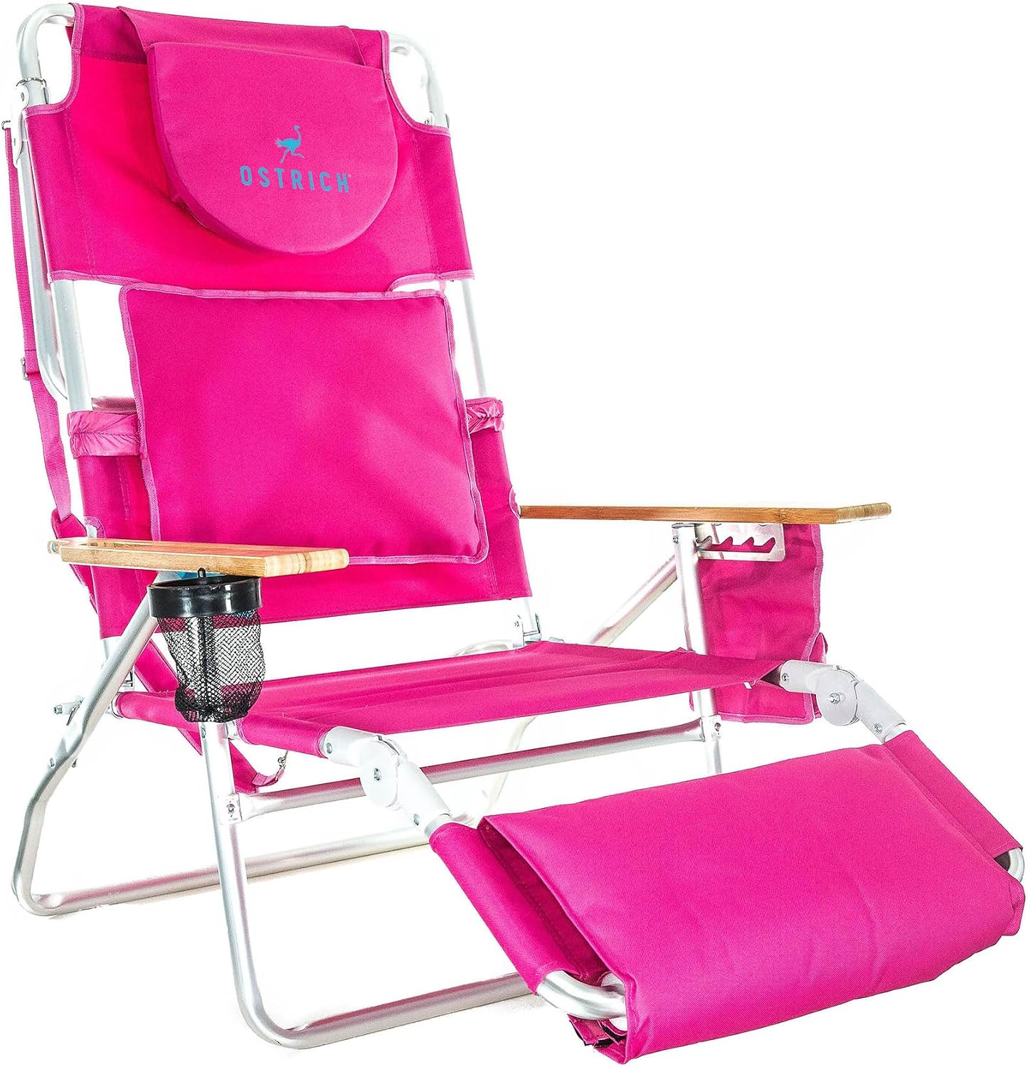 Portable reclining beach chair with face‑down feature, aluminium frame, cup holder and storage pockets for outdoor lounging and camping trips.