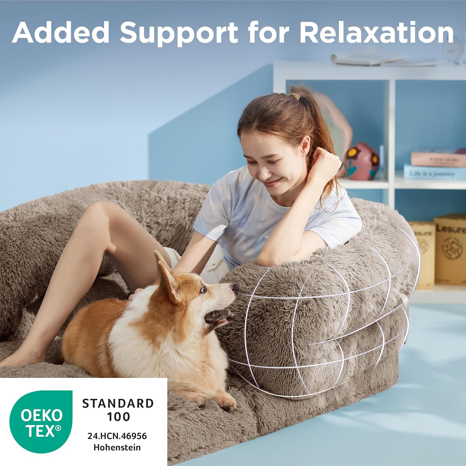 Versatile human and dog shared lounger with 3‑in‑1 convertible design, orthopaedic pressure relief foam, non‑slip base and waterproof, washable plush cover for all‑day comfort.