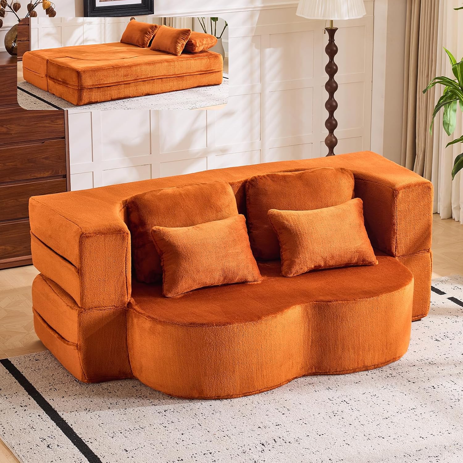 This convertible foam floor sofa‑bed with plush chenille fabric transforms from loveseat to sleeper, supplied with cushions and needing no assembly.