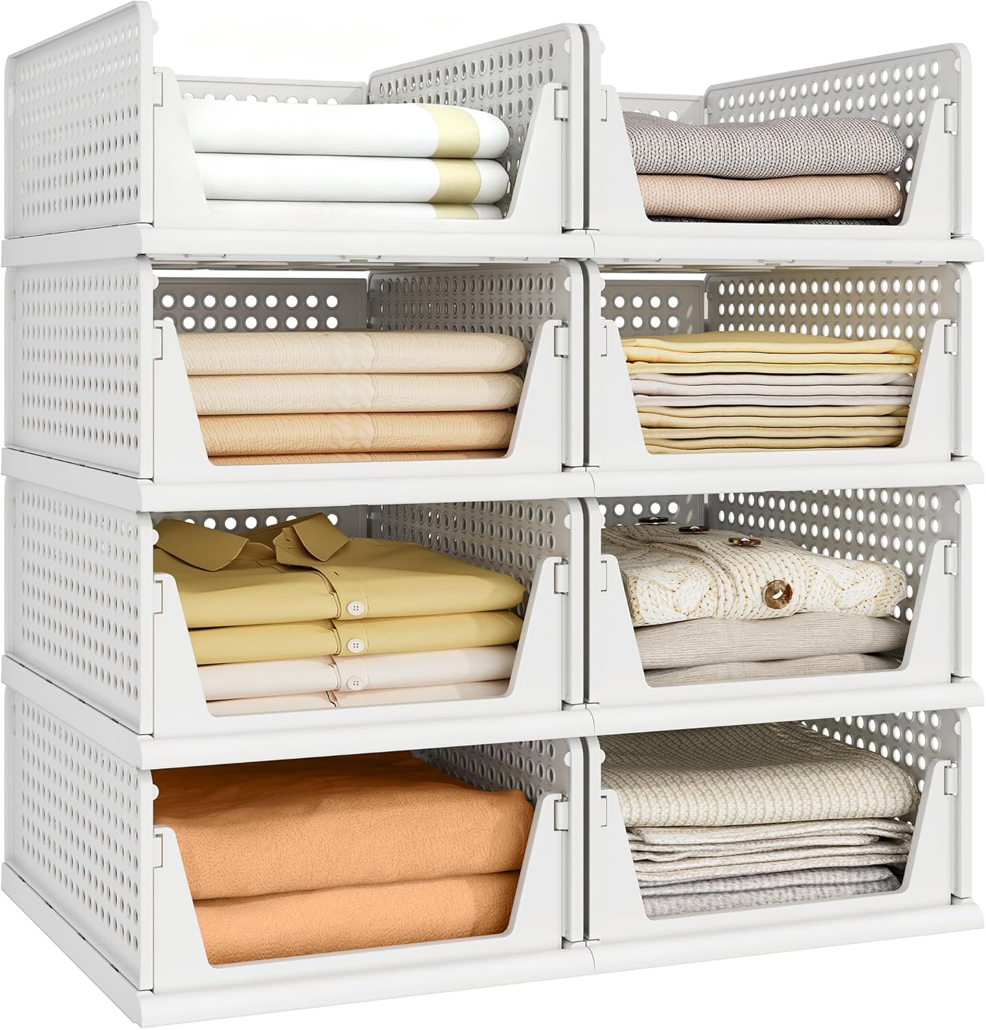 stackable plastic storage baskets, multi‑use closet organisers for bedrooms, bathrooms, RVs and playrooms to keep clothes neatly arranged.