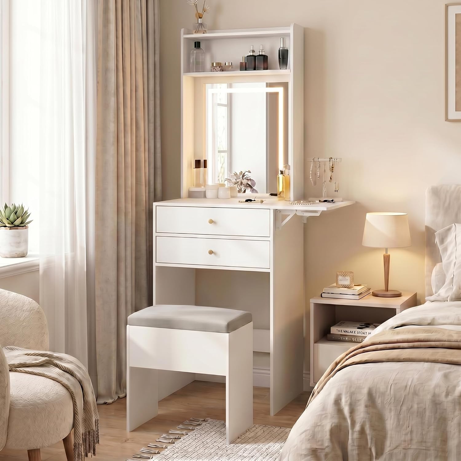 Compact space‑saving dressing‑table set with drop‑leaf top, storage drawers, stowable storage stool and dimmable three‑tone LED mirror for small bedrooms and apartments.