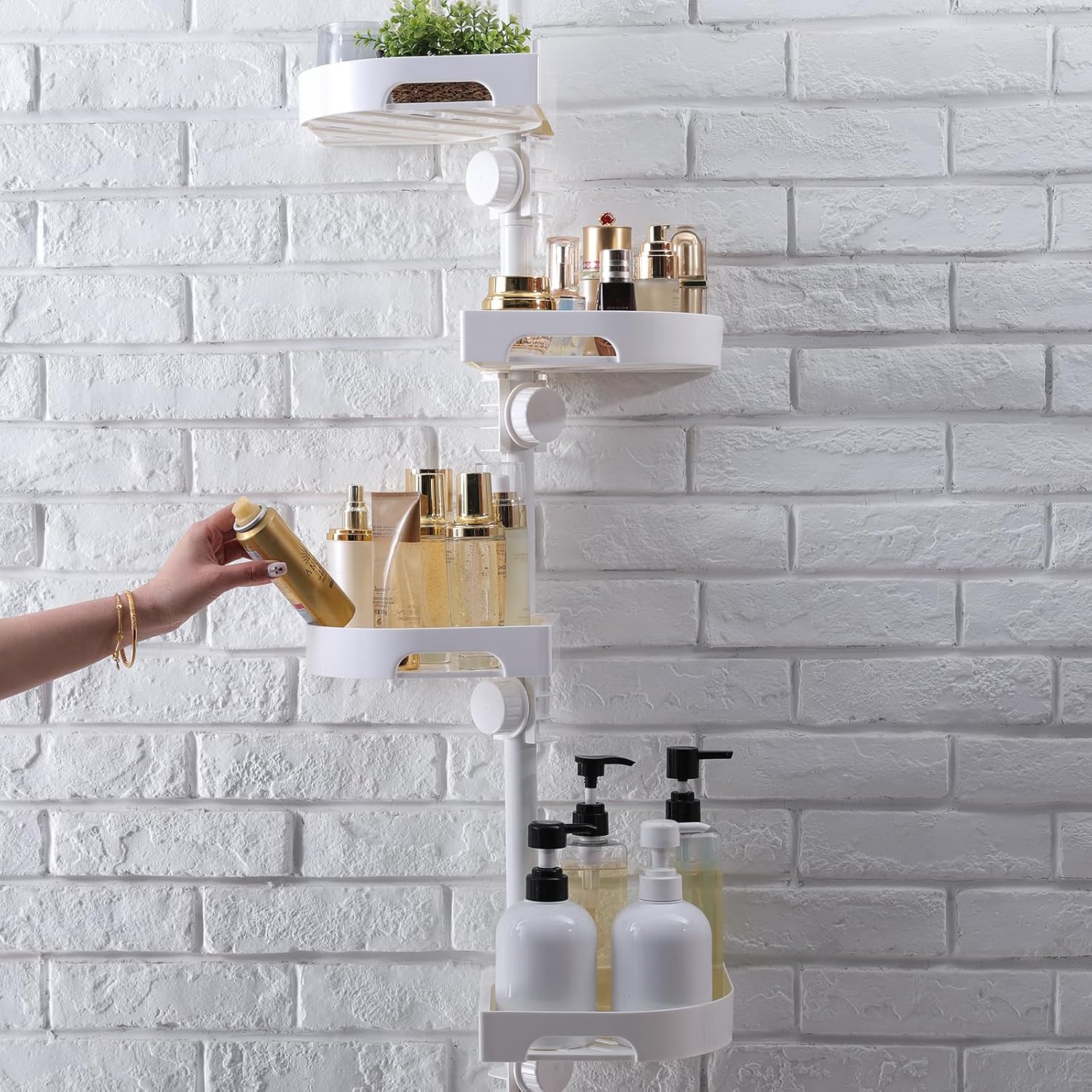 Upgraded rust‑proof tension shower caddy, 360° rotating shelves with hooks, tool‑free fitting for bathroom corner storage.